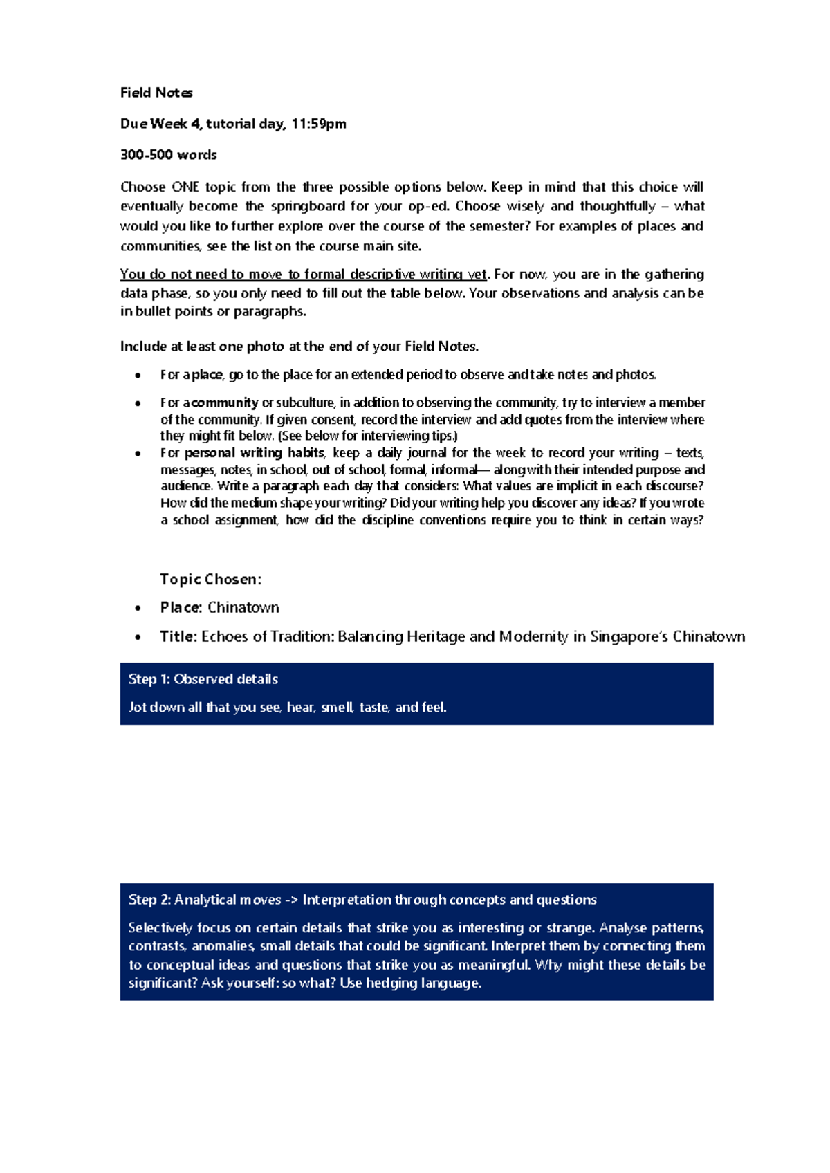 Field Notes Template - Field Notes Due Week 4, tutorial day, 11:59pm ...