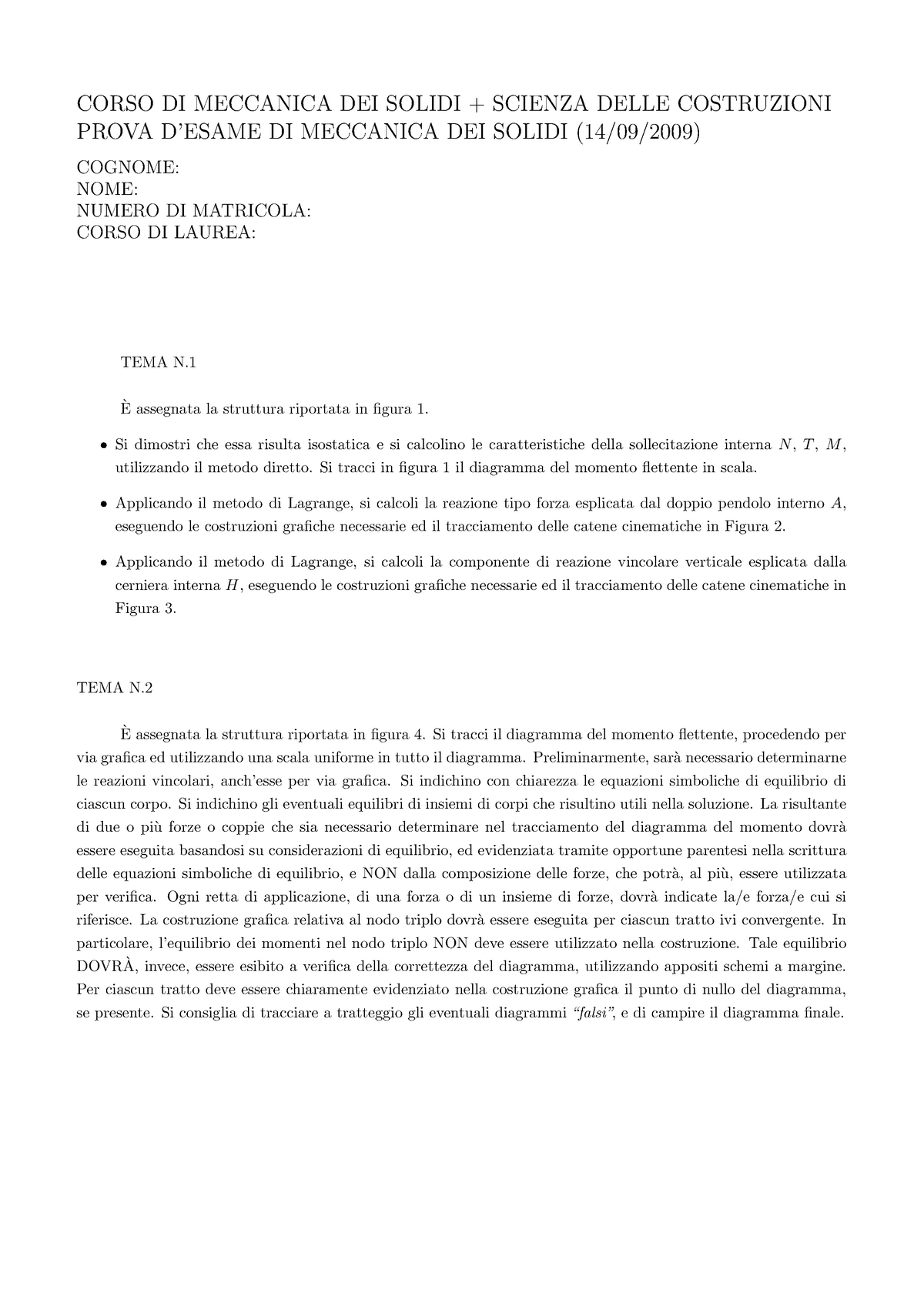 Esame 14 Settembre 2009 Domande Scienza Delle Costruzioni