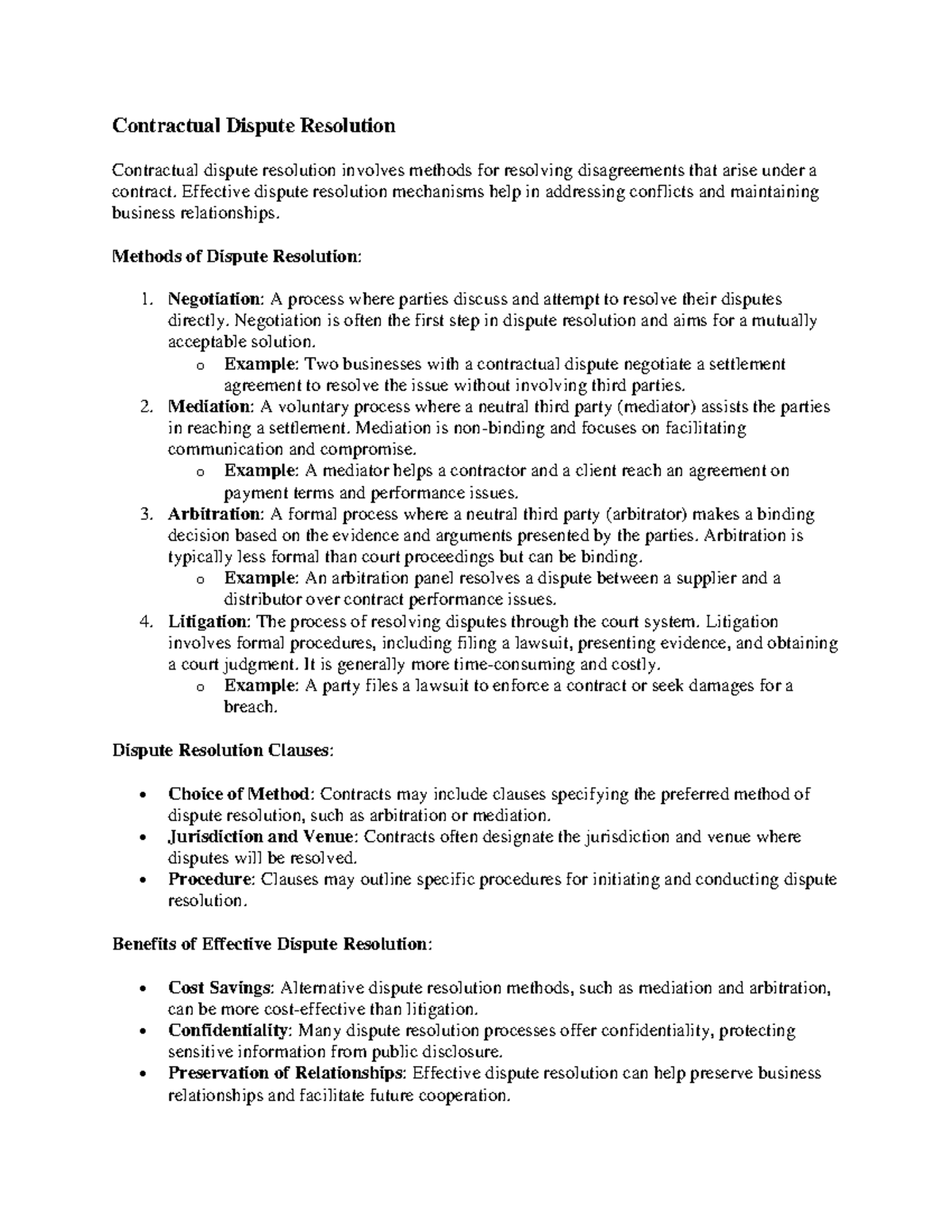 Contractual dispute resolution involves methods for resolving ...