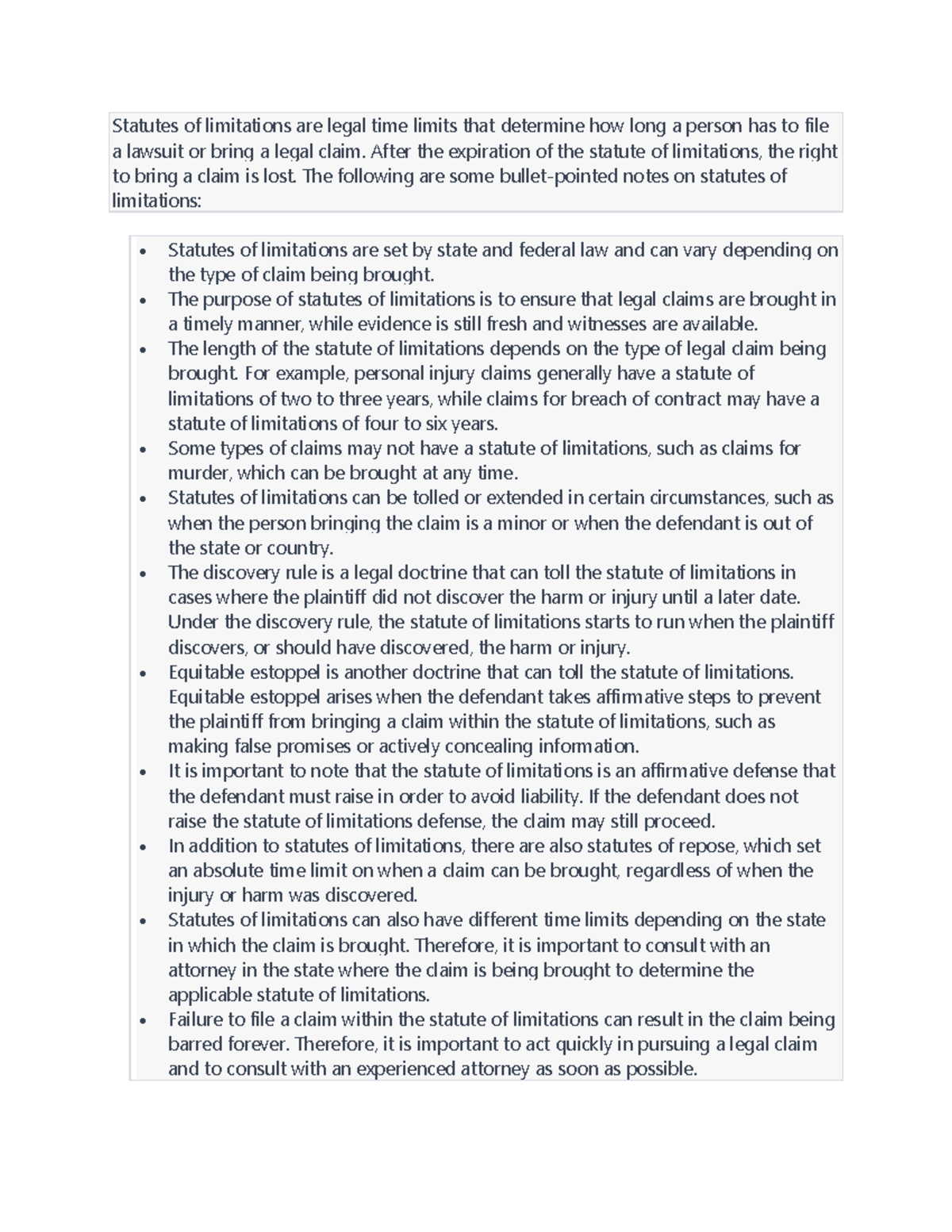 Statute of Limitations After the expiration of the statute of