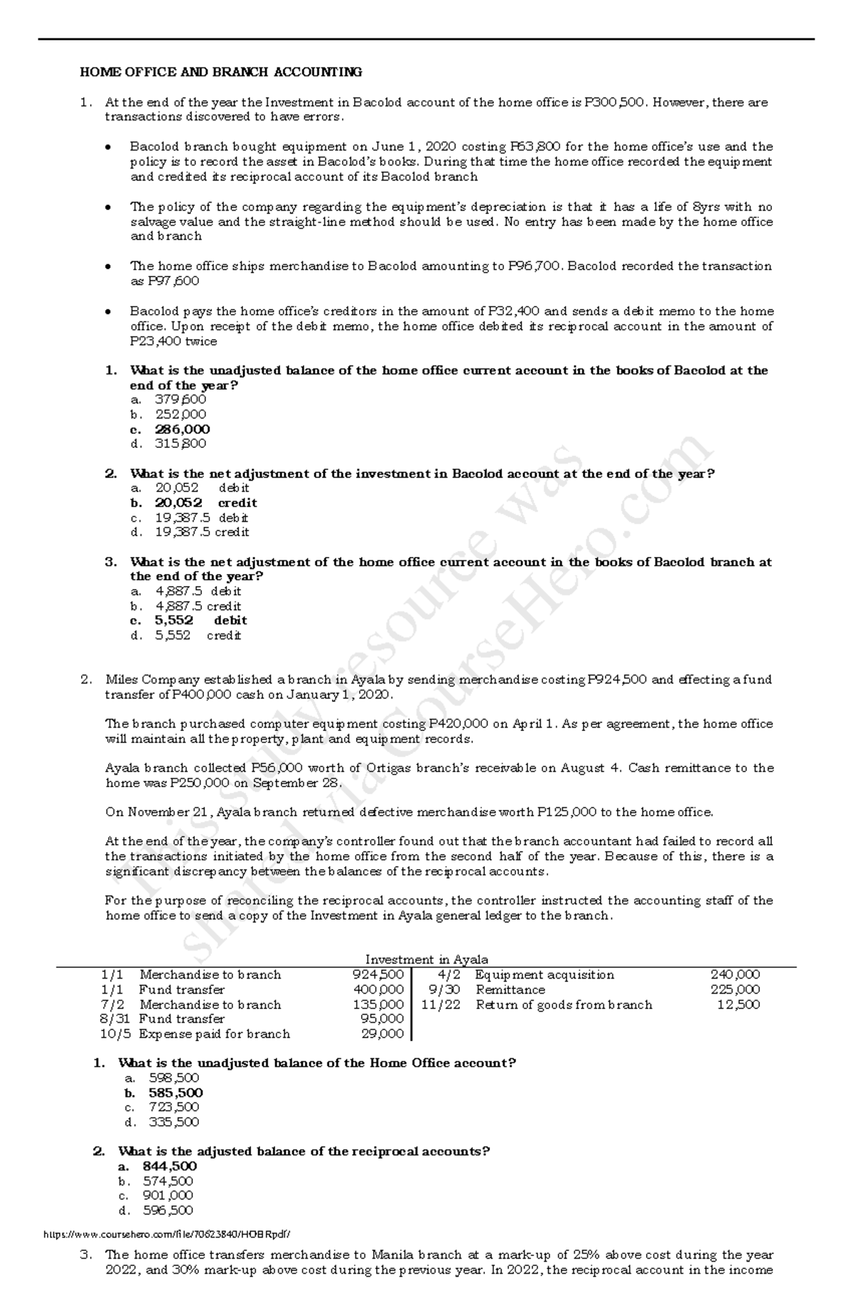 HOME OFFICE AND BRANCH ACCOUNTING - However, there are transactions ...