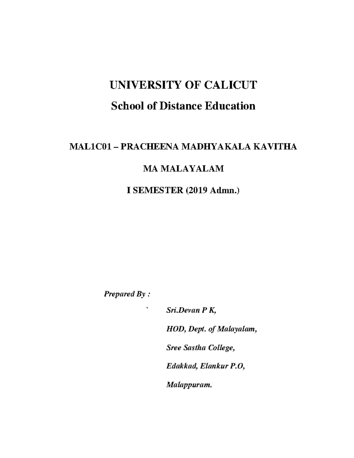 Pracheena Madhyakala Kavitha 1 UNIVERSITY OF CALICUT School of