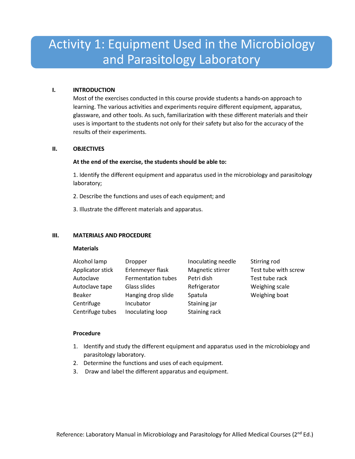 Activity 1- Equipment Used in the Microbiology and Parasitology ...