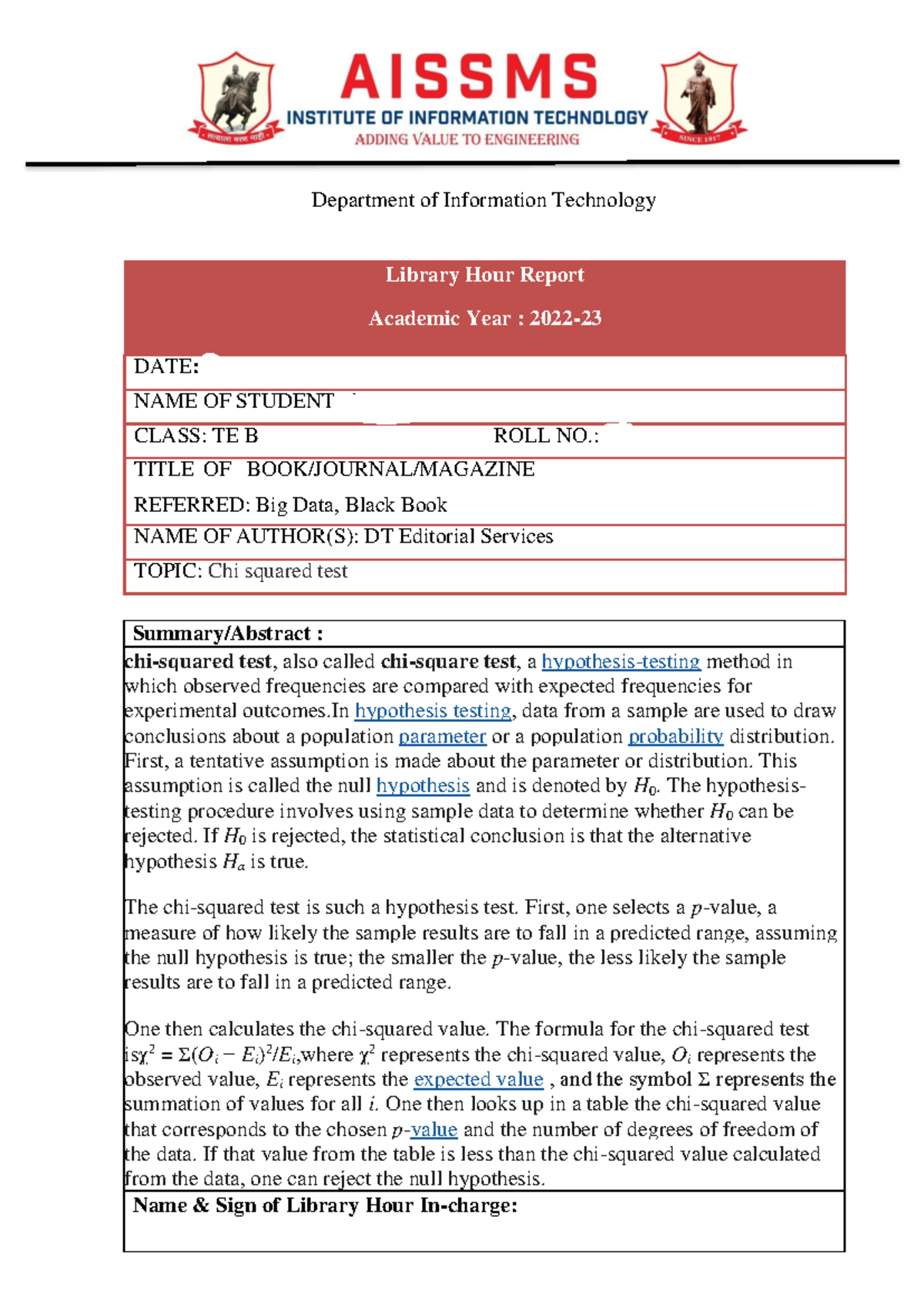 Dsbda 4 copy - Department of Information Technology Library Hour Report ...