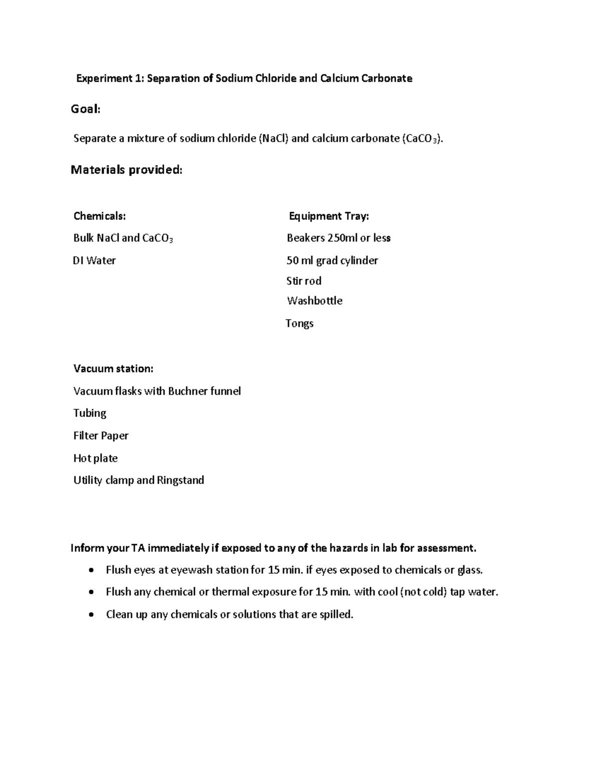 Salt Separation Overview Experiment 1 Separation of Sodium Chloride