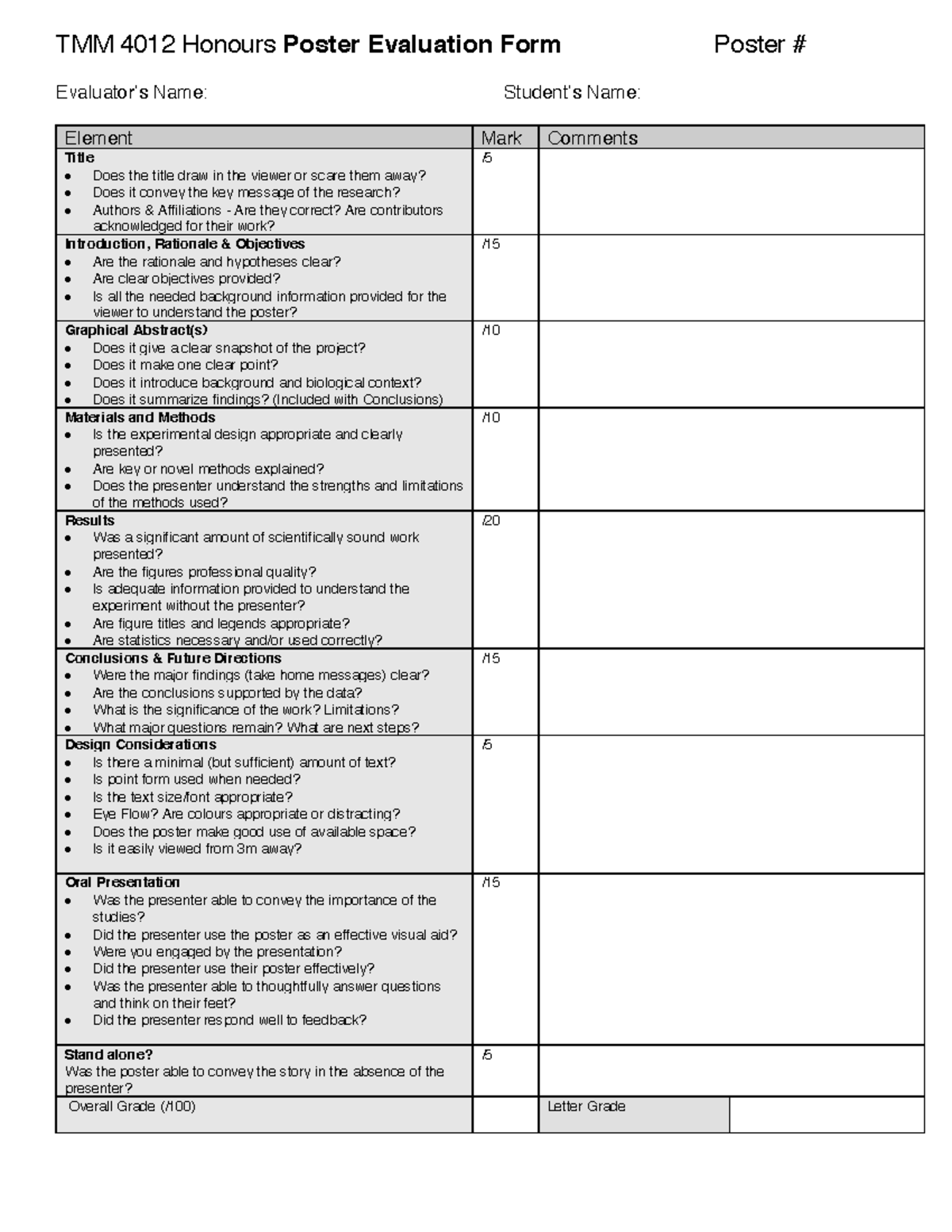 TMM 4012 Honours Poster Evaluation Form - Fillable - TMM 4012 Honours ...