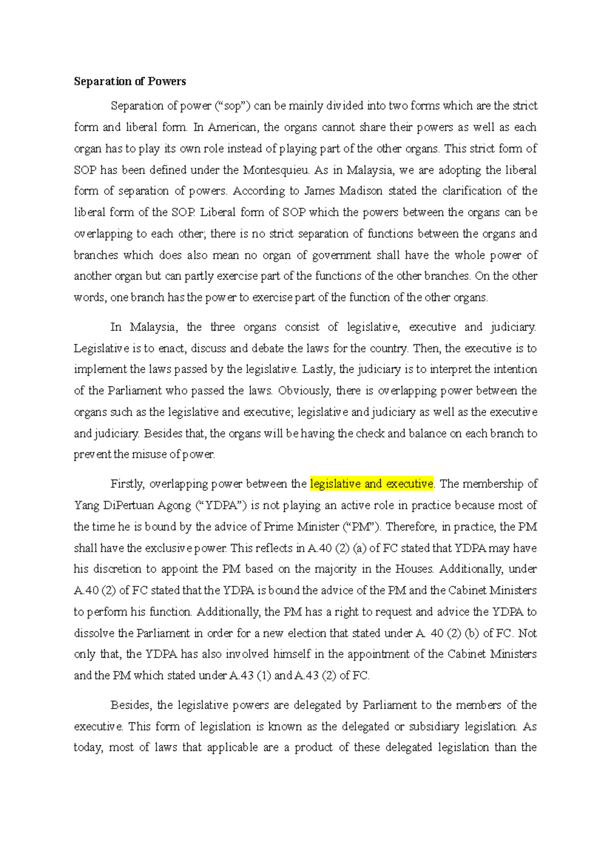 Sep Of Power - Lecture notes 1 - Separation of Powers Separation of ...