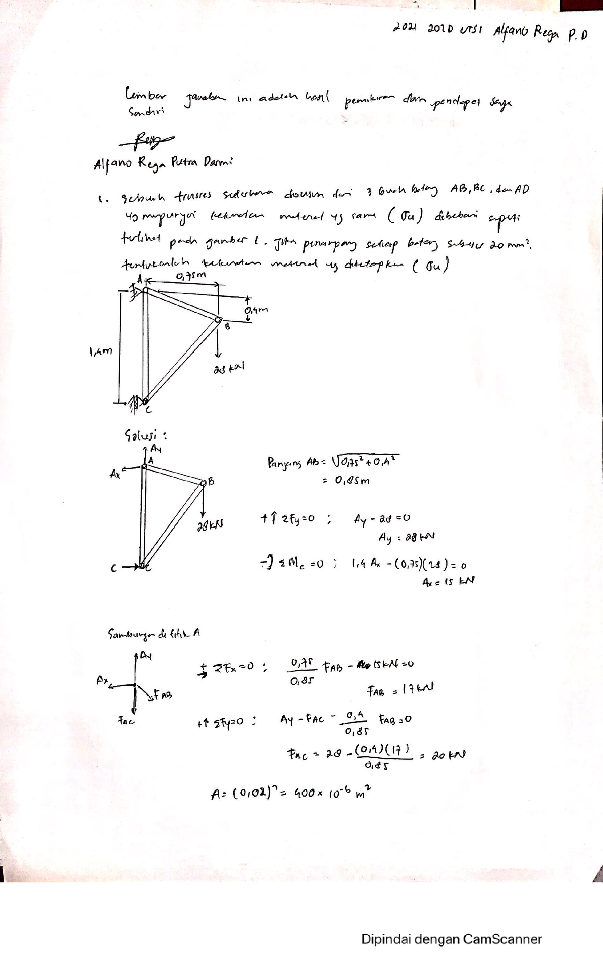 Mid Test 1 Mechanics Of Materials - Mekanika Kekuatan Material - Studocu