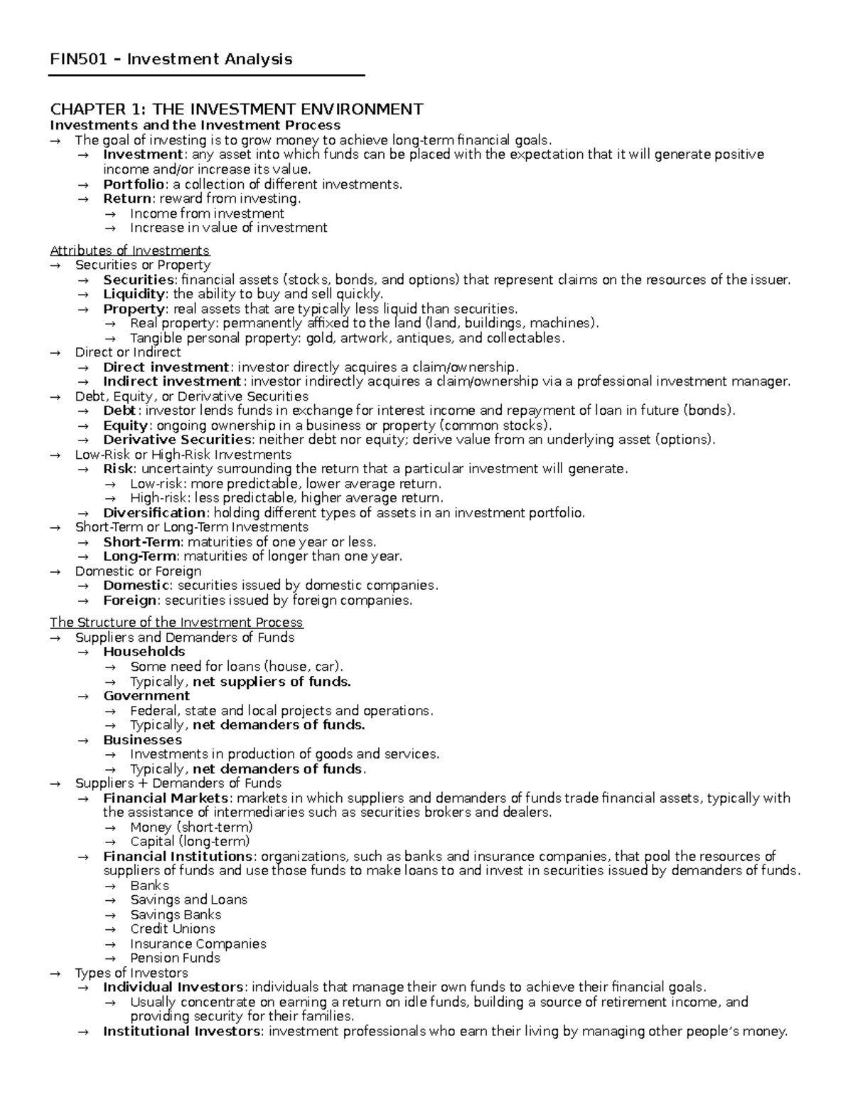 Final notes (until 12) - FIN501 – Investment Analysis CHAPTER 1: THE ...