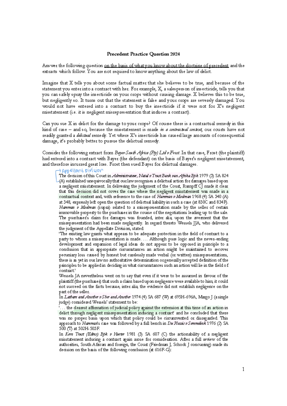 Precedent question - 1 Precedent Practice Question 2024 Answer the ...