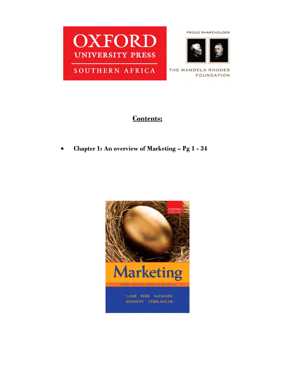 Marketing Pdf 3 - Contents: Chapter 1: An Overview Of Marketing – Pg 1 ...