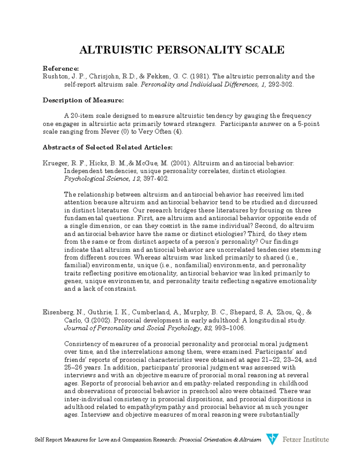 Prosocial-Altruistic Personality Scale - Self Report Measures for Love ...