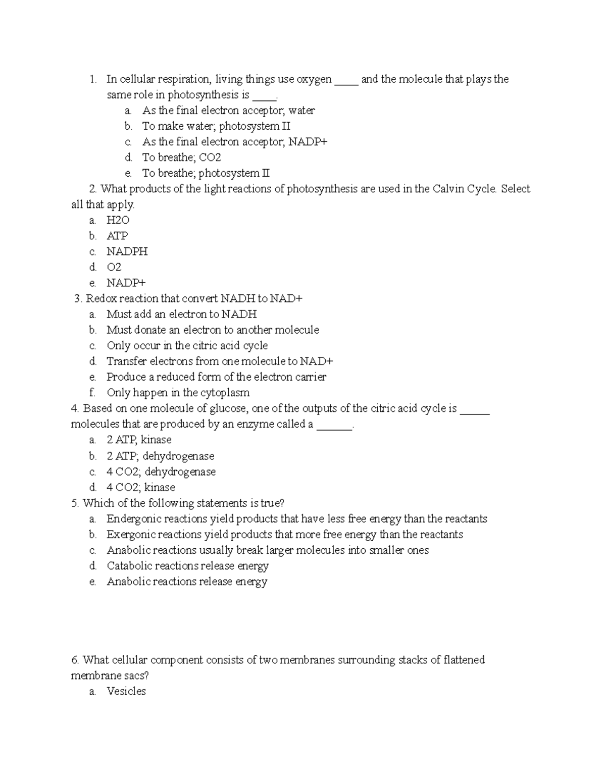 Bisc 160-Exam 2 practice questions and answers - In cellular ...