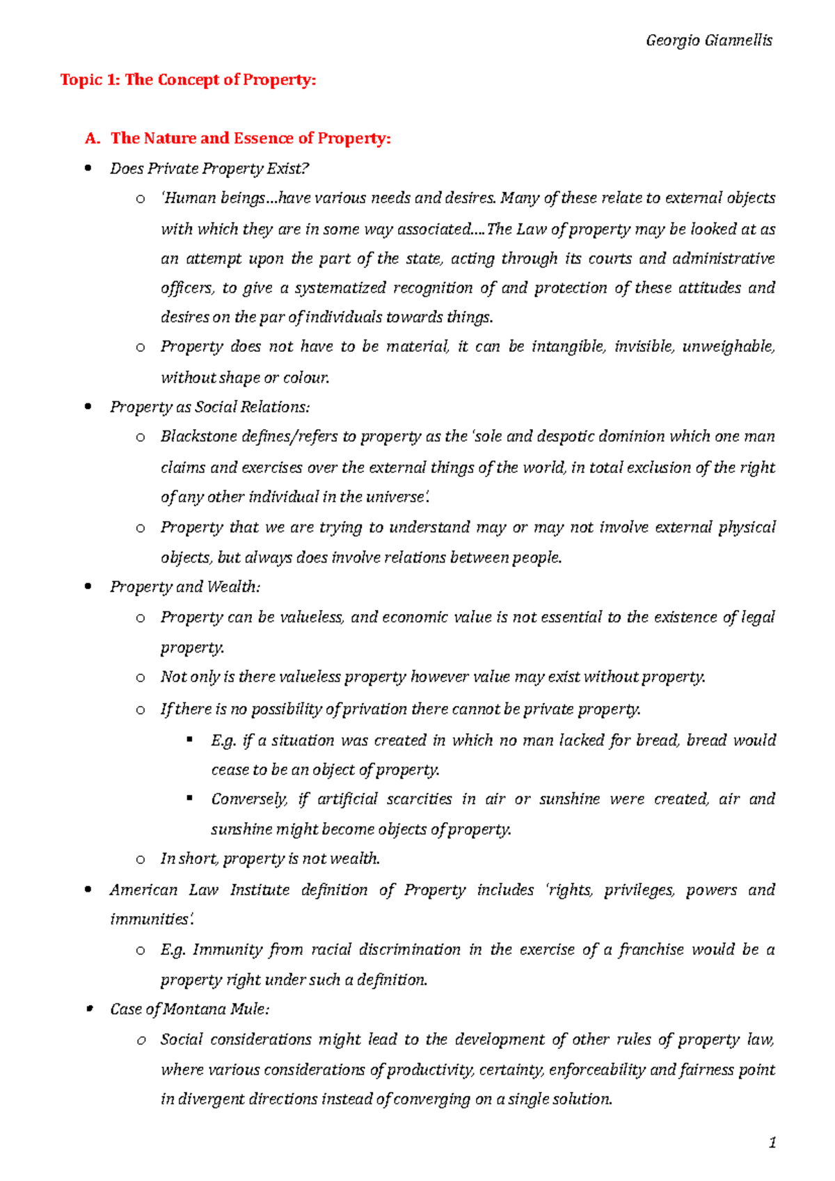Property Law Notes - Georgio Giannellis Topic 1: The Concept of ...