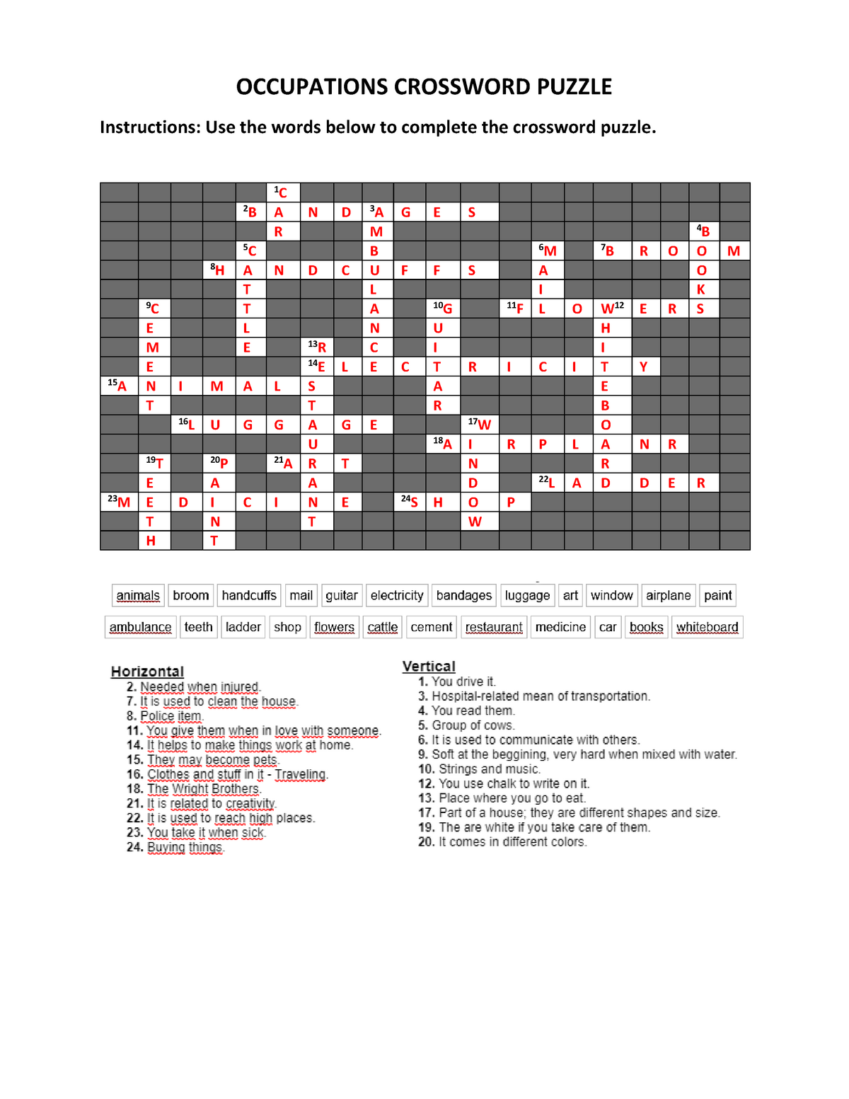 jobs qand occupations crossword puzzle convertido Inglés II UNAH