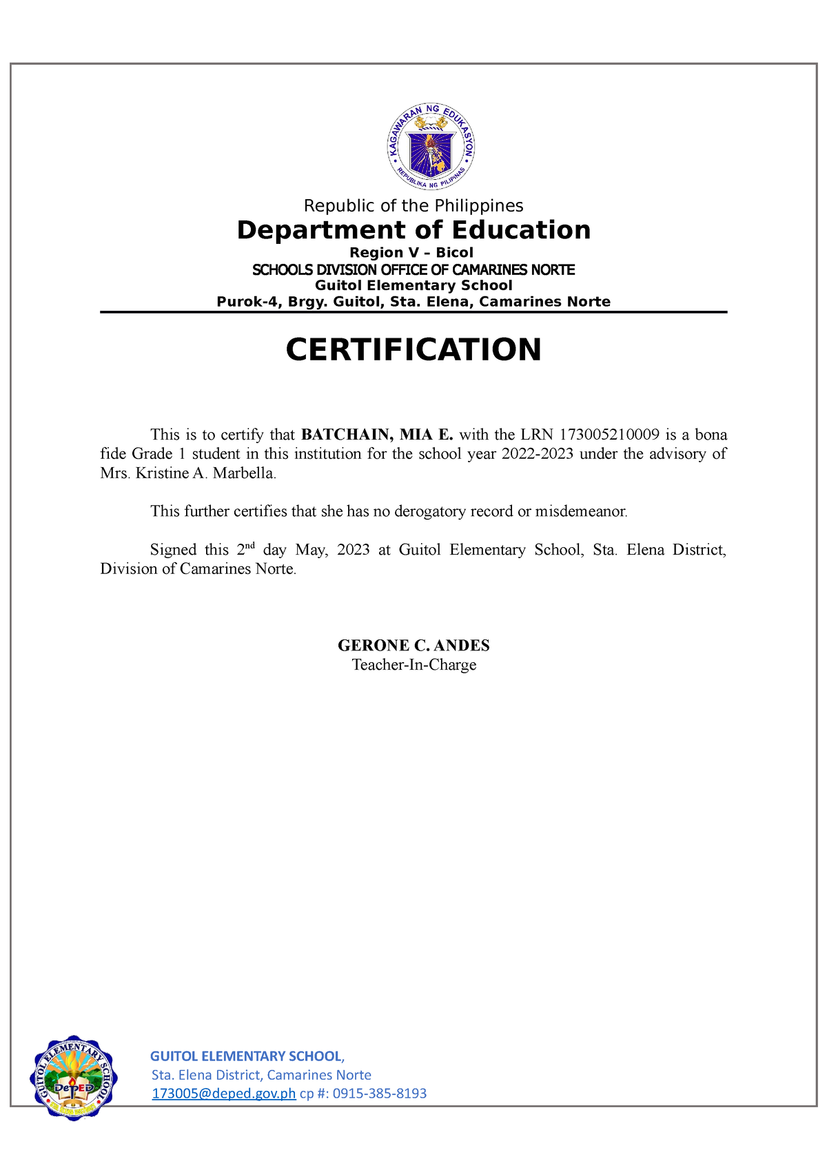 Certificate of enrollment - Department of Education Region V – Bicol ...