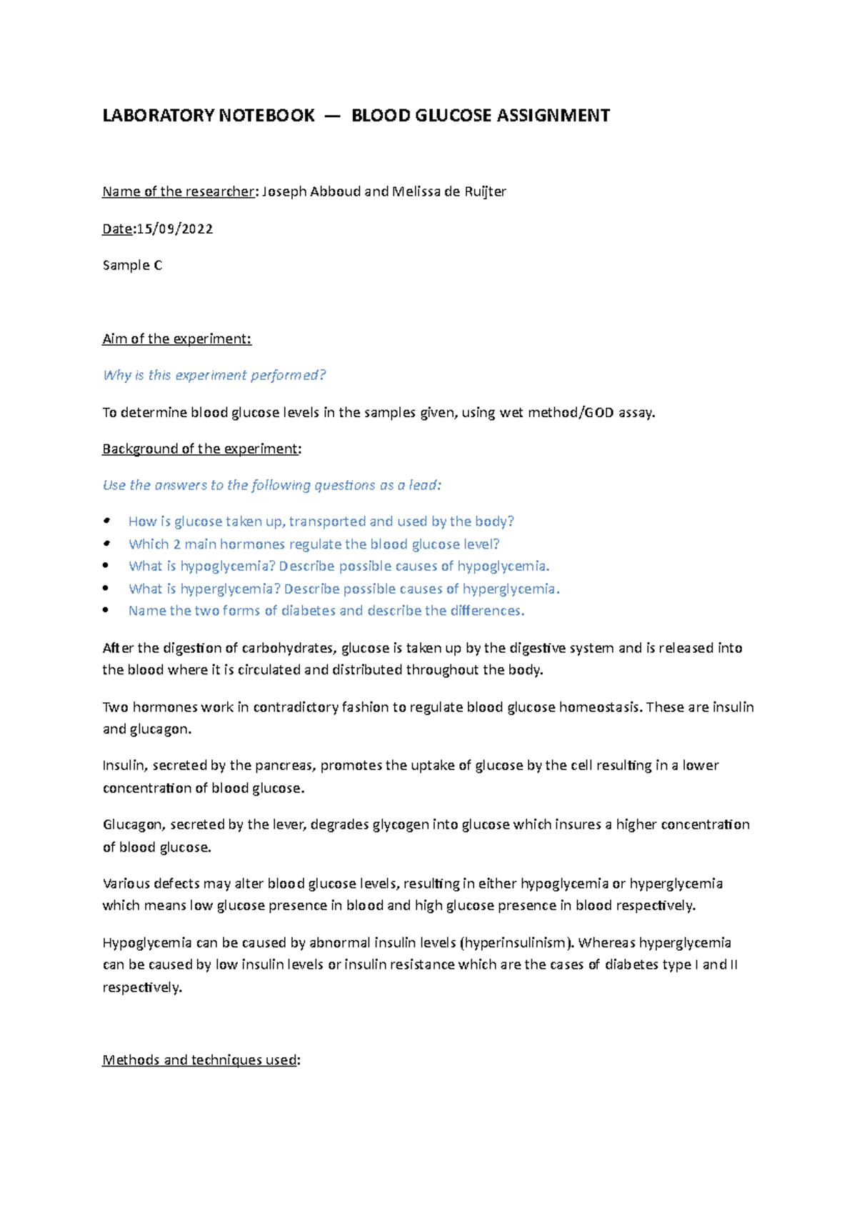 Laboratory notebook done - LABORATORY NOTEBOOK — BLOOD GLUCOSE ...