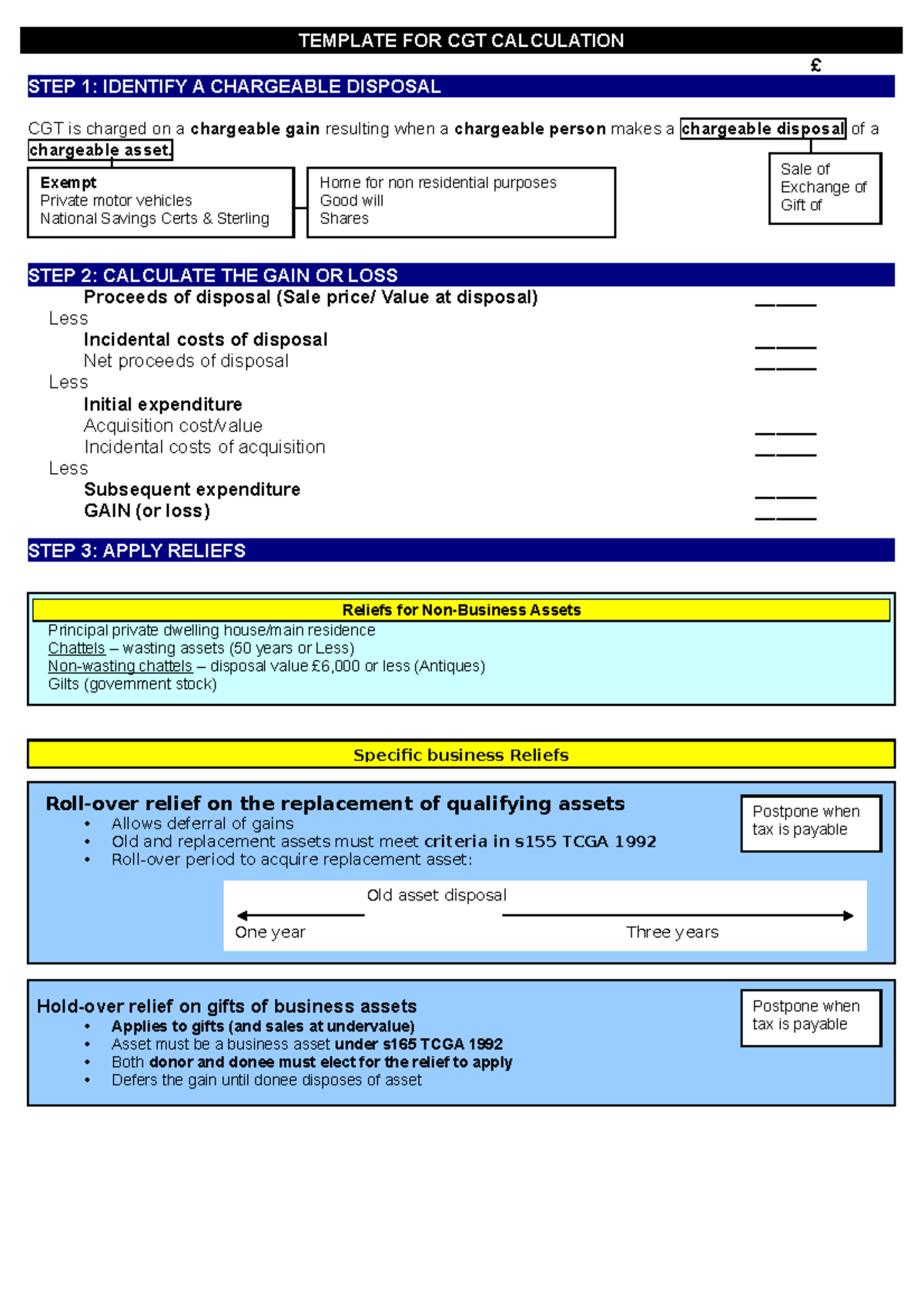 Template FOR CGT Calculations - TEMPLATE FOR CGT CALCULATION £ STEP 1 ...