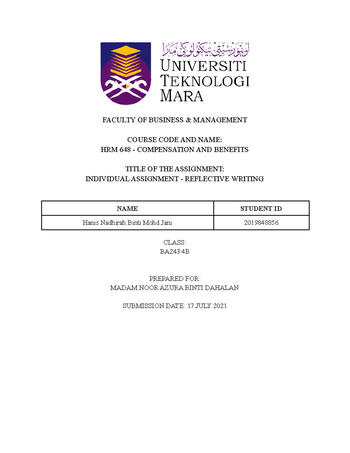 Reflective Paper HRM648 - FACULTY OF BUSINESS & MANAGEMENT COURSE CODE ...