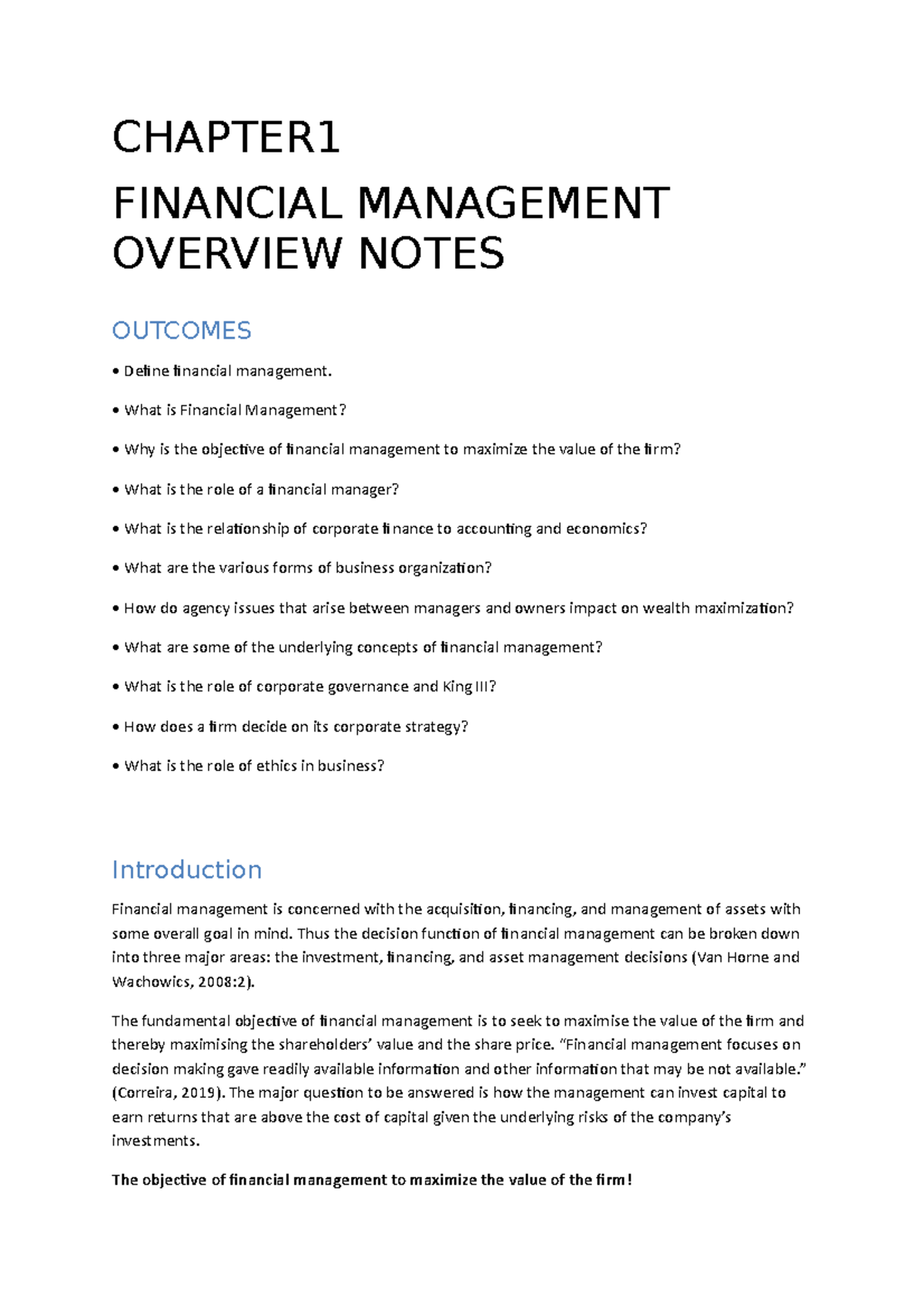 Financial Management Overview Notes (1) final - CHAPTER FINANCIAL ...