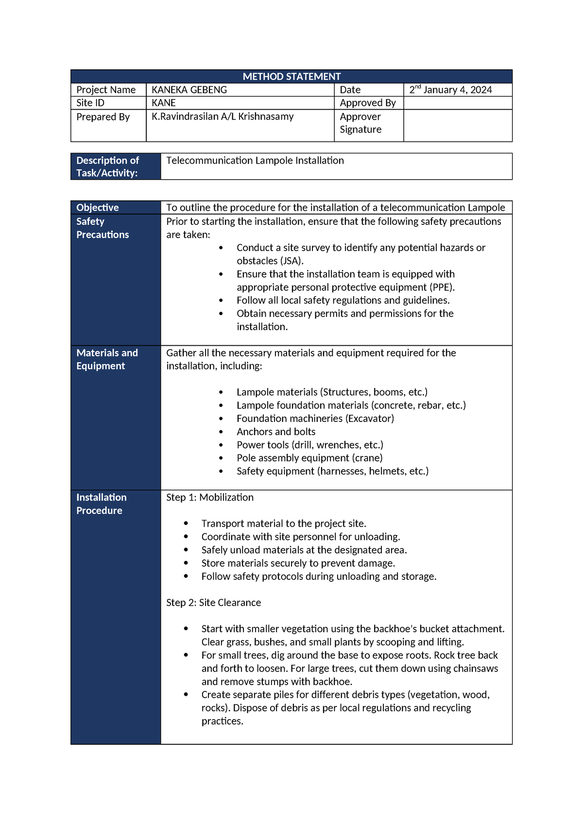 Method Statement for installation of telco tower - METHOD STATEMENT ...