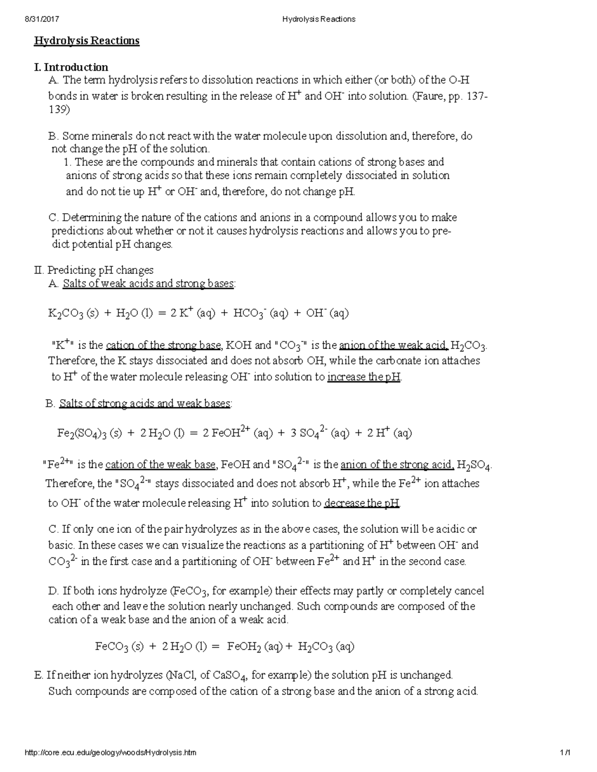 Hydrolysis Reactions - Introduction A. The term hydrolysis refers to ...