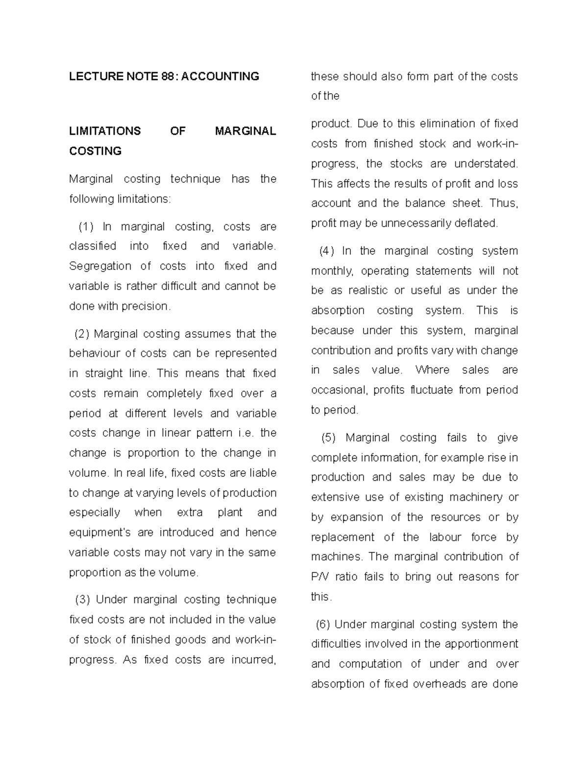 Lecture Note 88 Accounting Lecture Note 88 Accounting Limitations Of Marginal Costing Lecture Note 88 Accounting Lecture Note 88 Accounting Limitations Of Marginal Costing