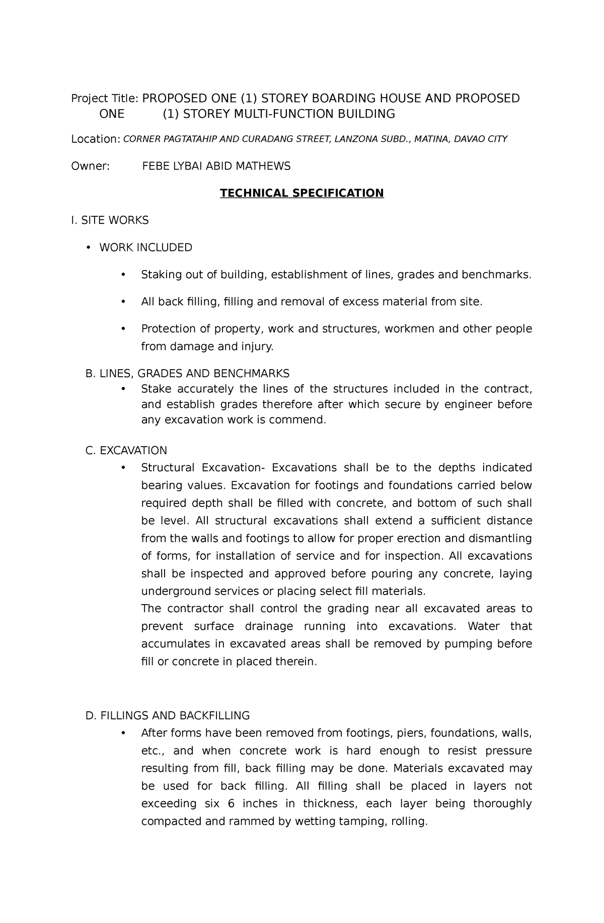 2. Building Specification - Project Title: PROPOSED ONE (1) STOREY ...