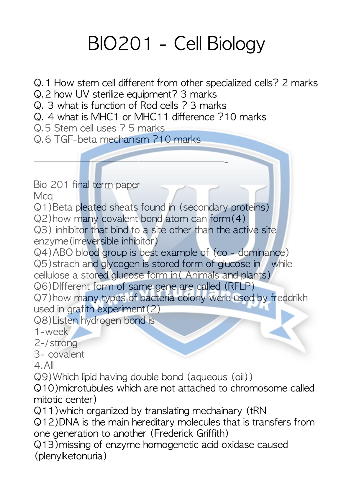 BIO201-CELL- Final - Copy - BIO201 - Cell Biology Q How Stem Cell ...