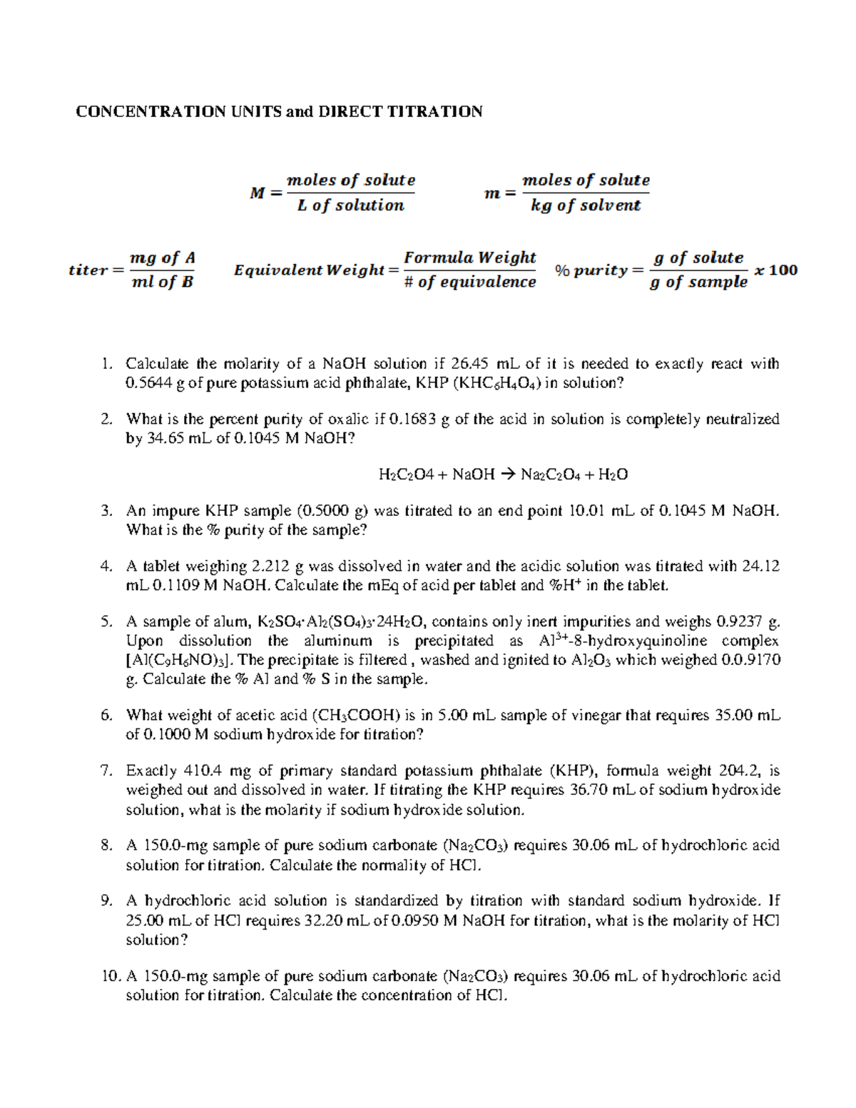 Titration Analytical Exercises 2018 CONCENTRATION UNITS and DIRECT