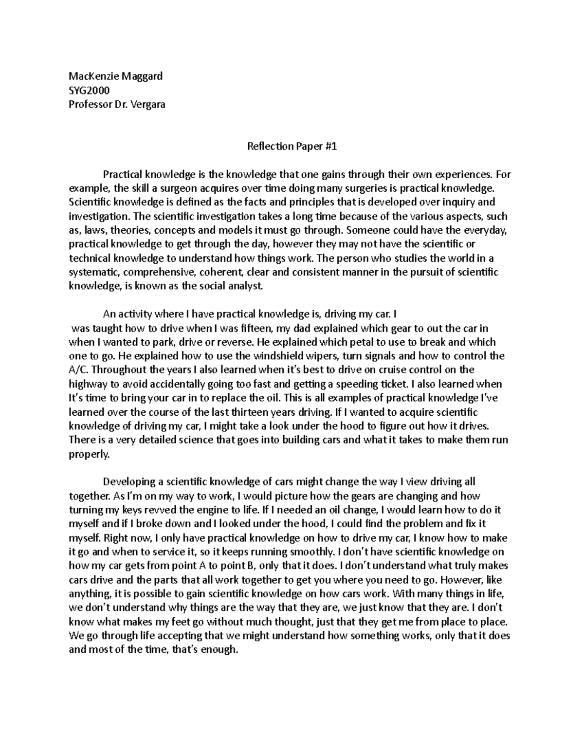 Reflection Paper 1 - MacKenzie Maggard SYG Professor Dr. Vergara ...