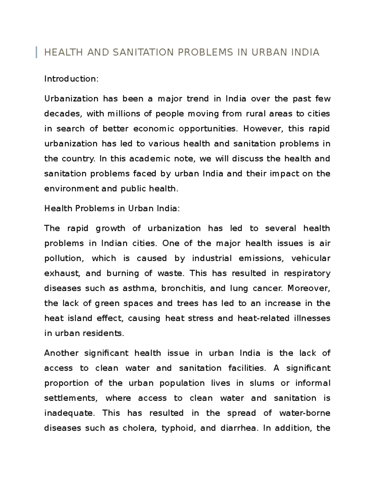 Discuss the Health and Sanitation Problems in Urban India - HEALTH AND ...