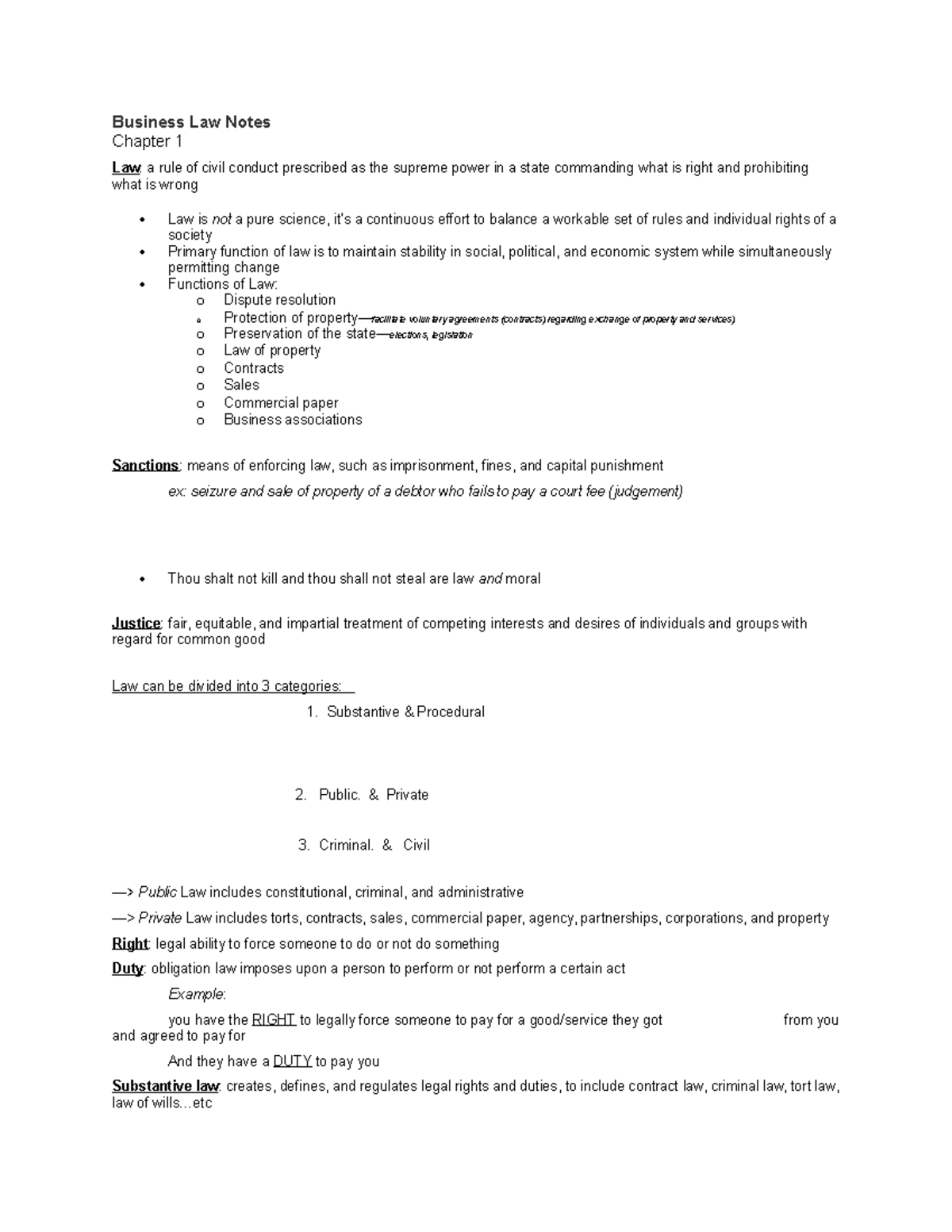 Business law 1 Business Law Notes Chapter 1 Law a rule of civil