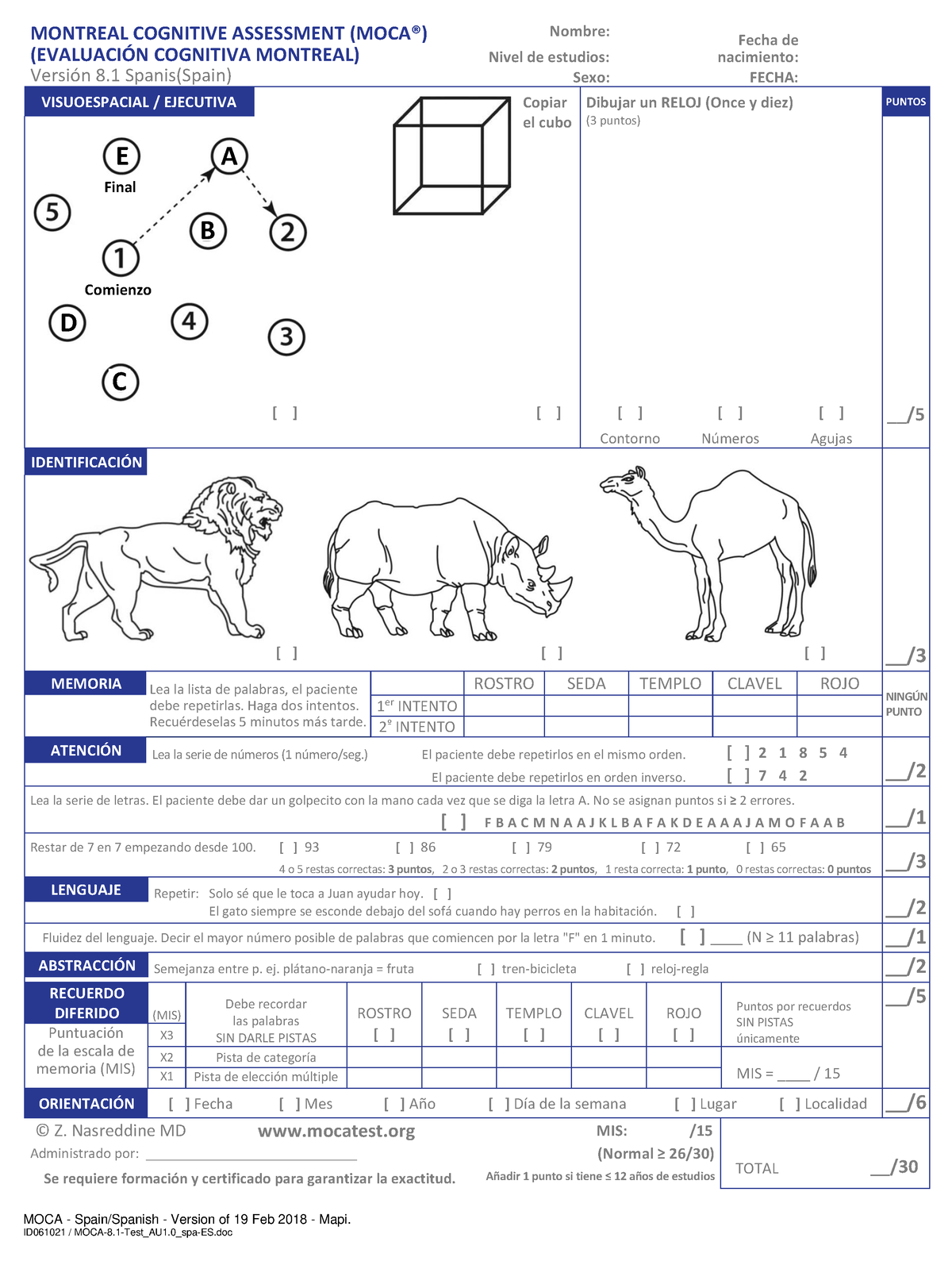 MOCA 8 Test Moca MOCA Spain Spanish Version Of 19 Feb 2018 