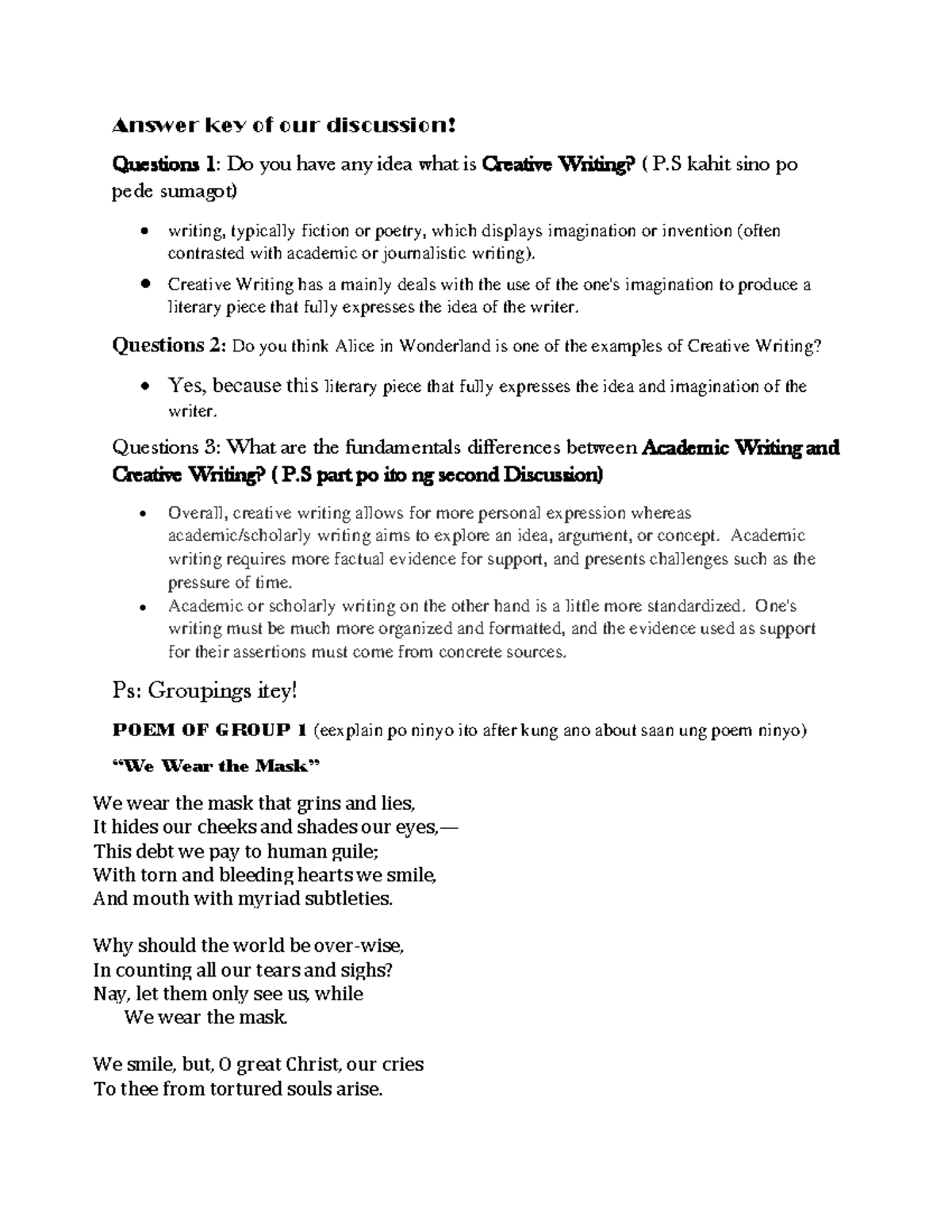 Answer-KEY-OF-OUR- Discussion - Answer key of our discussion! Questions ...