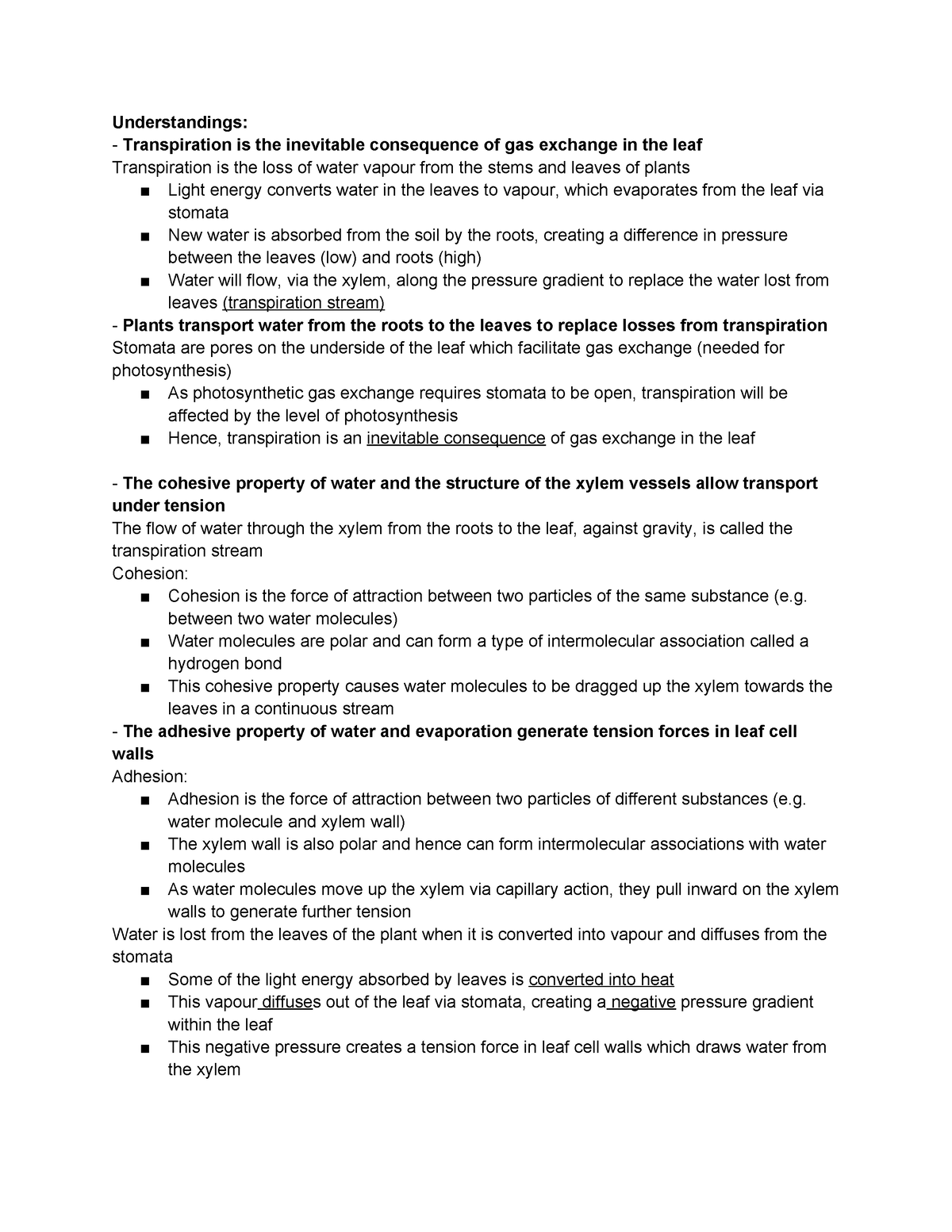 Transport In The Xylem Of Plants Understandings Transpiration Is