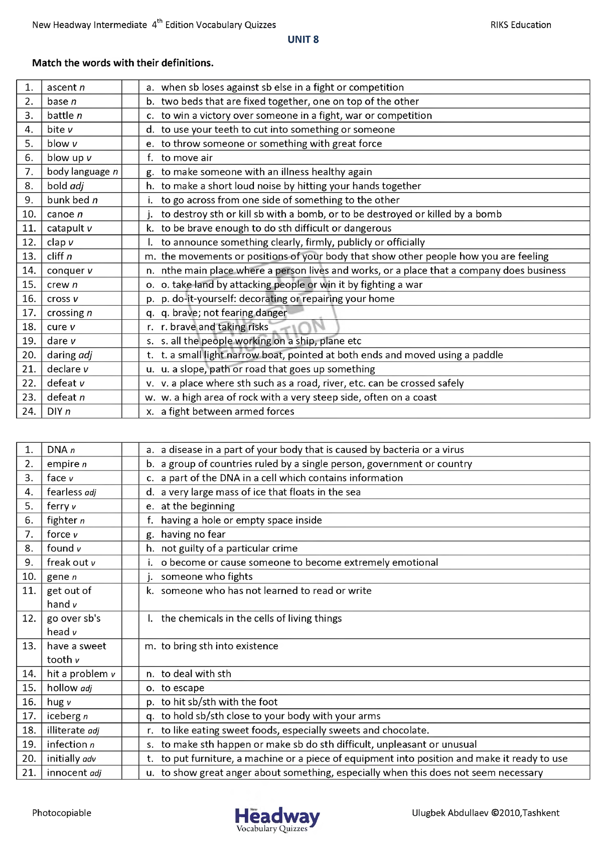 Unit 8- Vocab matching in newheadwayintermediate - New Headway ...