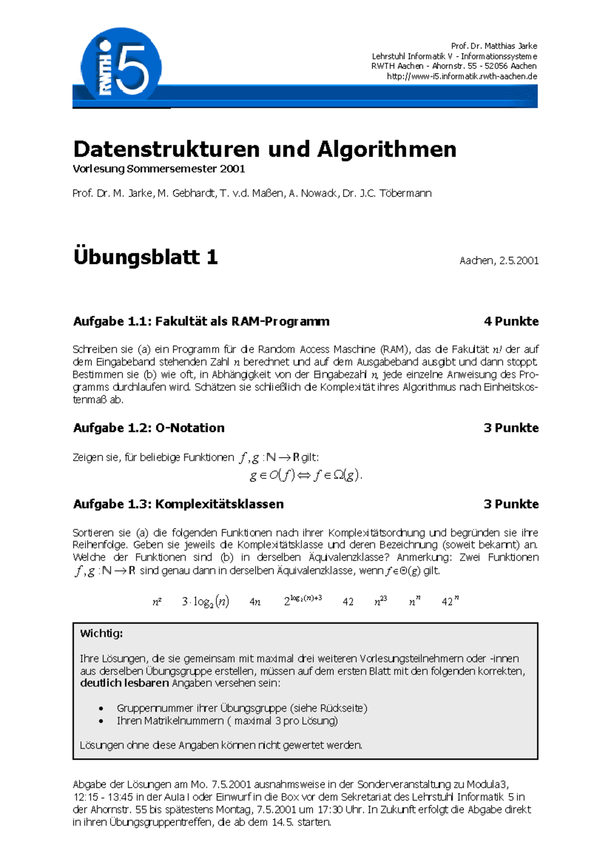 Datenstrukturen Und Algorithmen - Vorklausur - Abgabe Der Lˆsungen Am ...