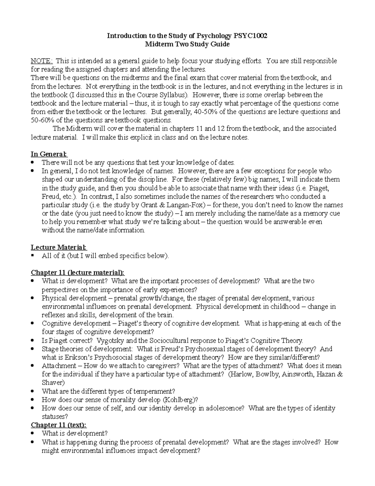 1002 Mid2 Study Guide - Lecture notes 1-9 - Introduction to the Study ...