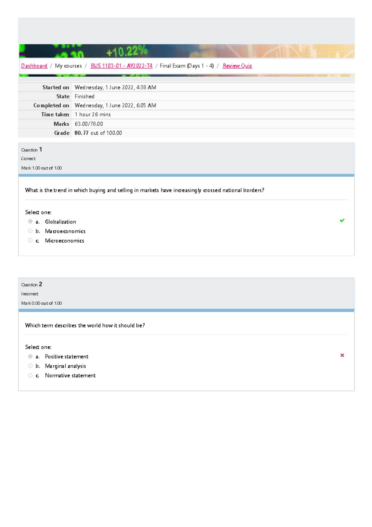 Review Quiz Attempt Review (BUS 1103) - Started On Wednesday, 1 June ...