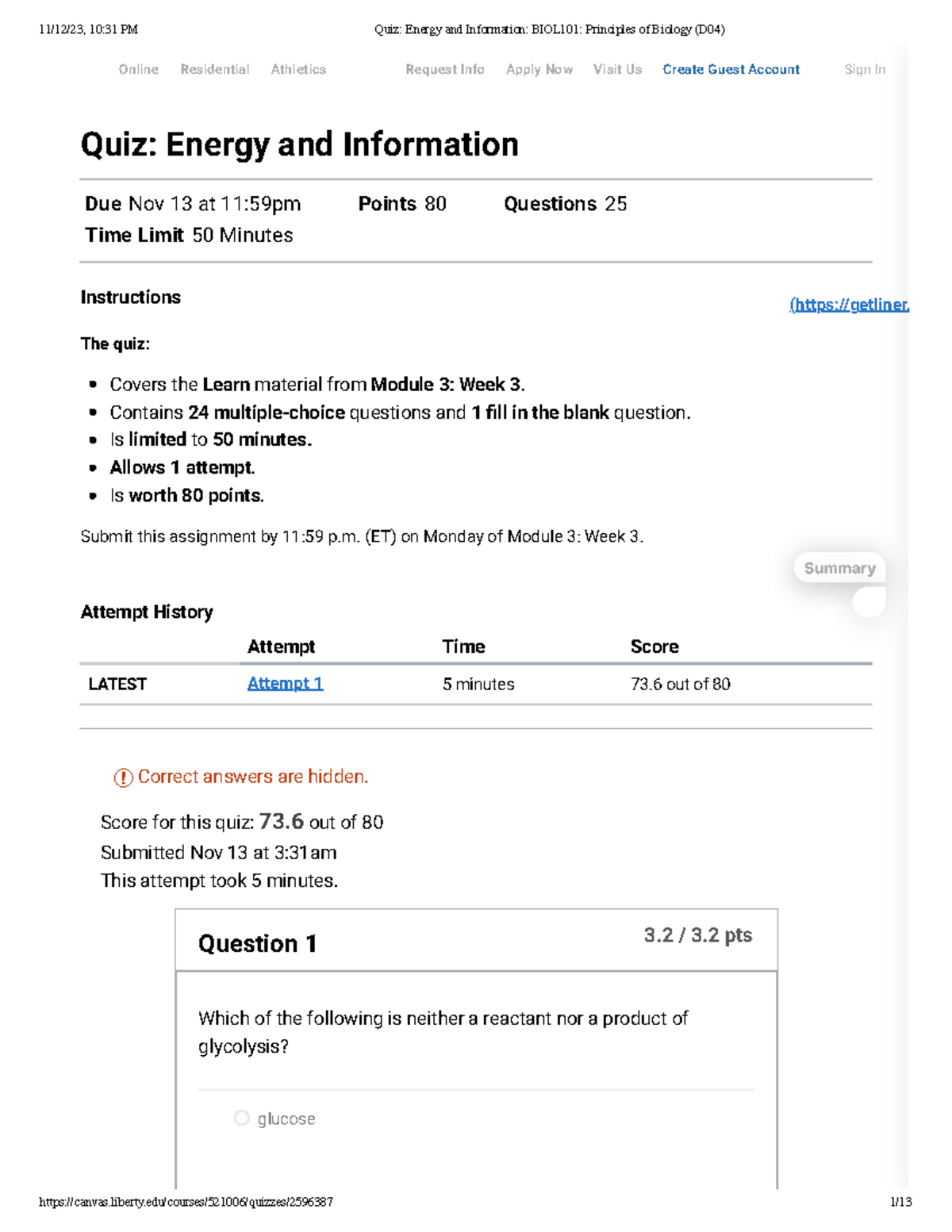 Quiz Energy and Information BIOL101 Principles of Biology (D04) - Skip ...