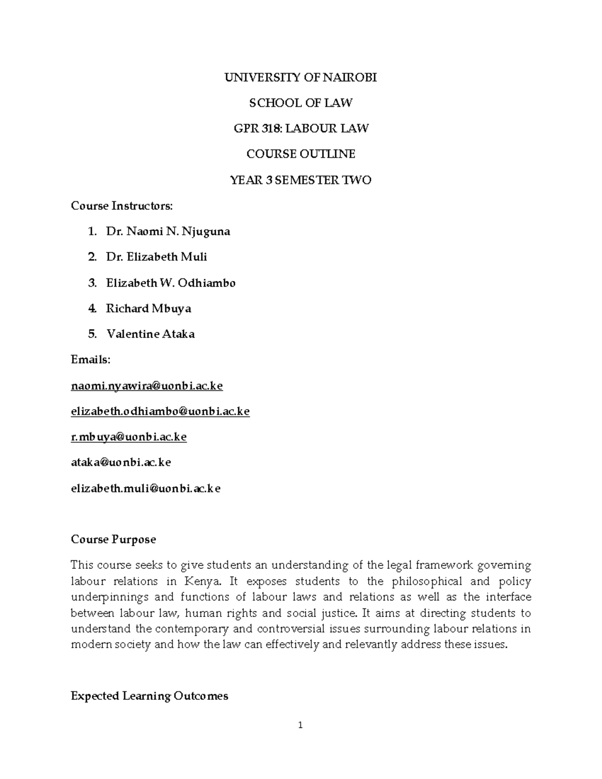 GPR 318 Labour Law Course outline 2023 UNIVERSITY OF NAIROBI SCHOOL
