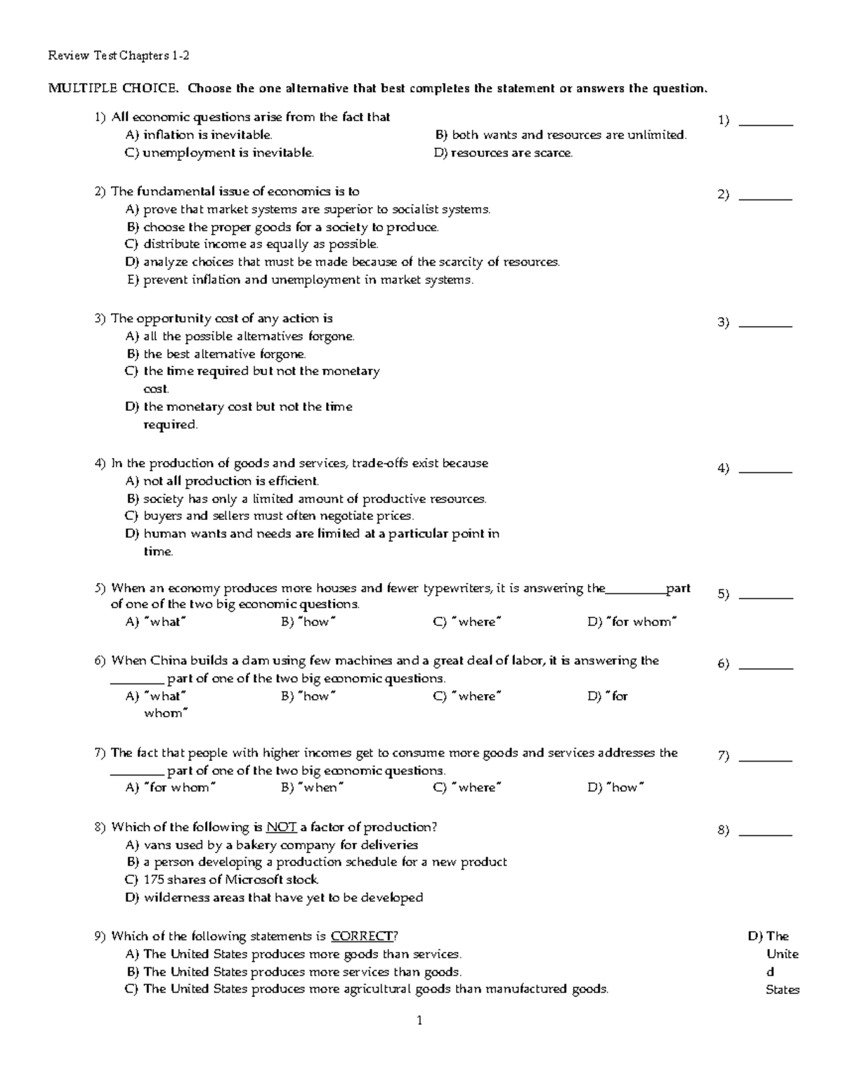 Review test Chapter 1&2 ECON205 - 1 Review Test Chapters 1- MULTIPLE ...