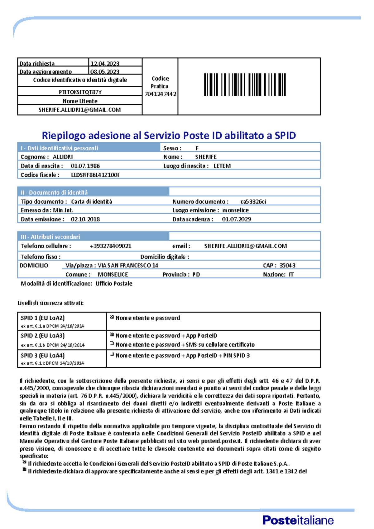 KIT SPID - rgjv - PTITOKSITQT87Y Codice identificativo identità ...