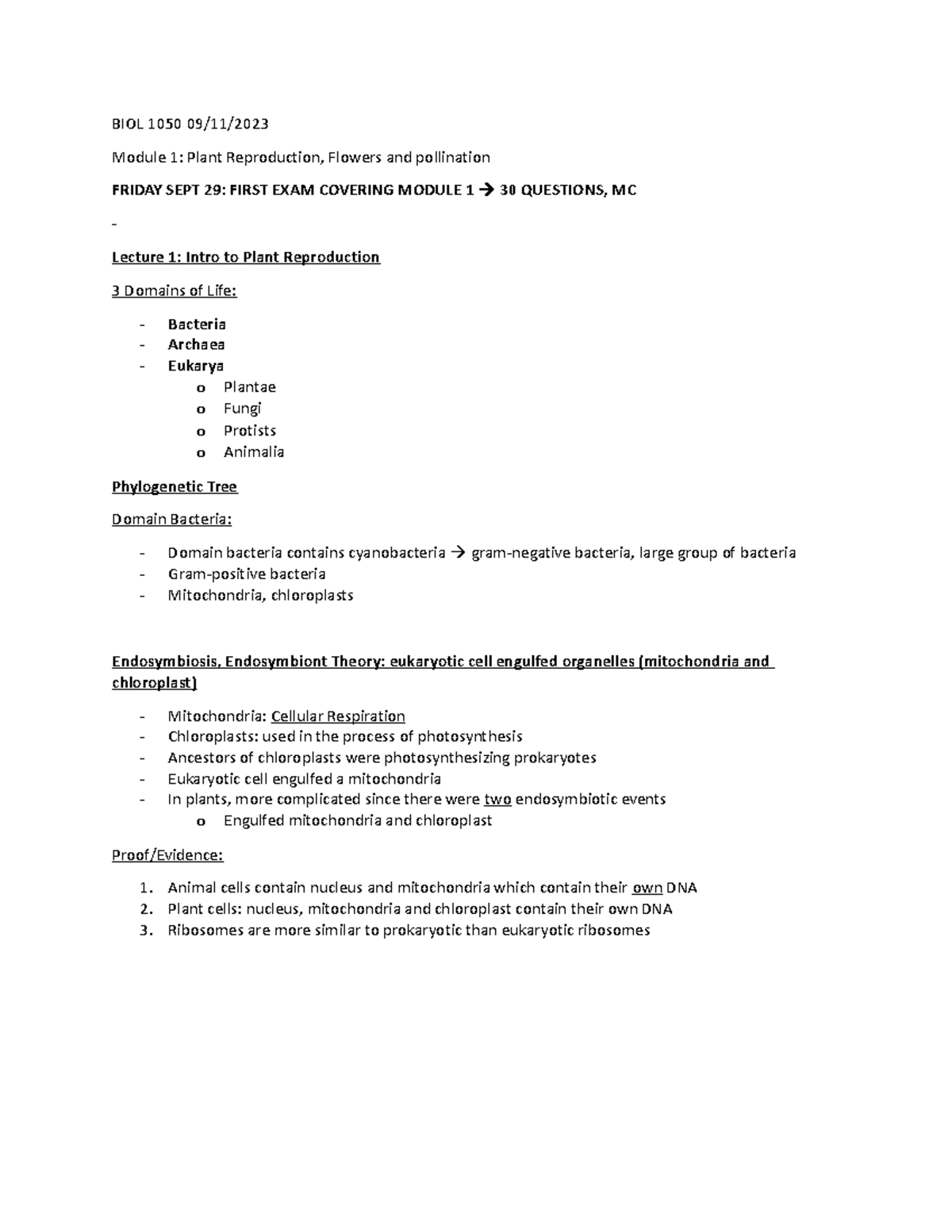 BIOL 1050 Lecture 1 Sept 11 2023 - BIOL 1050 09/11/ Module 1: Plant ...