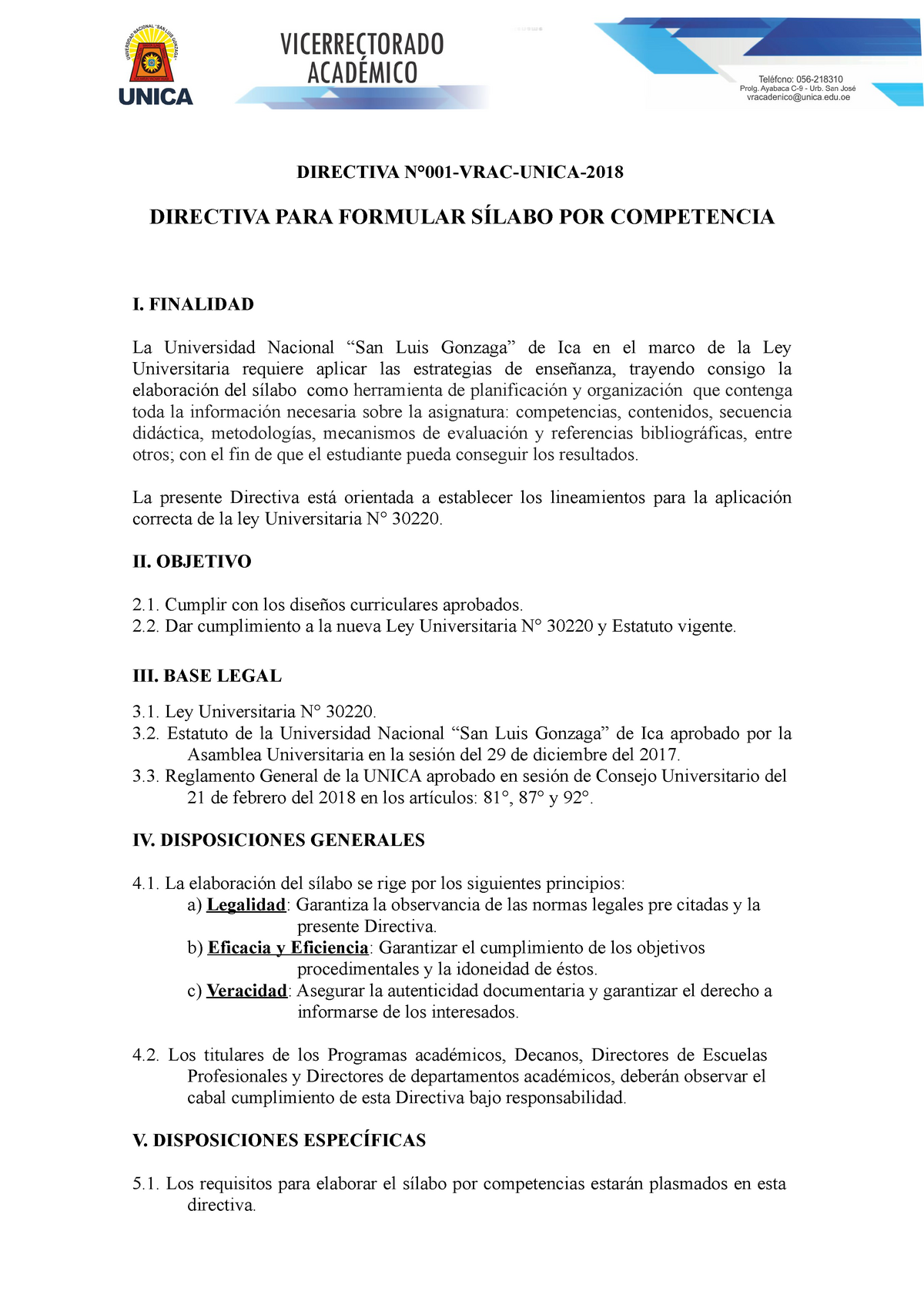 Directiva de sílabo - Nota: 8 - | DIRECTIVA N°001-VRAC-UNICA- DIRECTIVA  PARA FORMULAR SÍLABO POR - Studocu