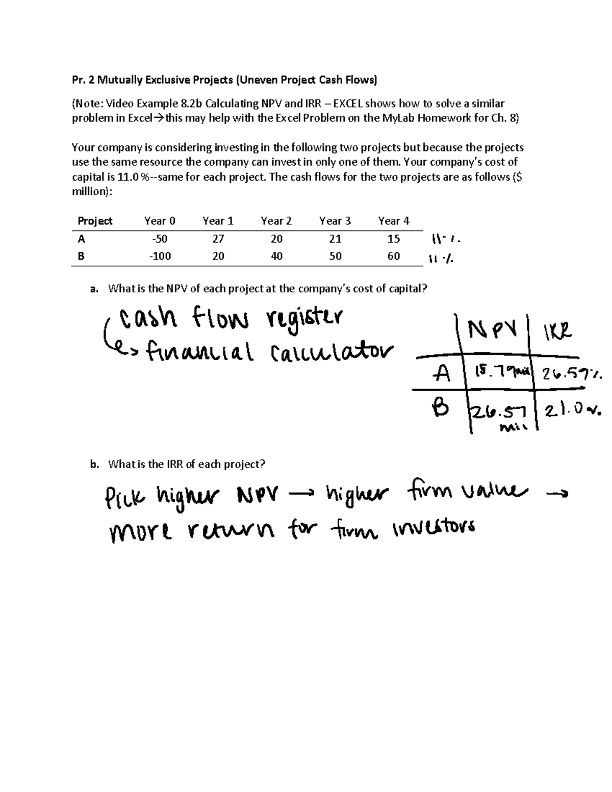 FIRE 311 Chapter 8 Problems - Pr. 2 Mutually Exclusive Projects (Uneven ...