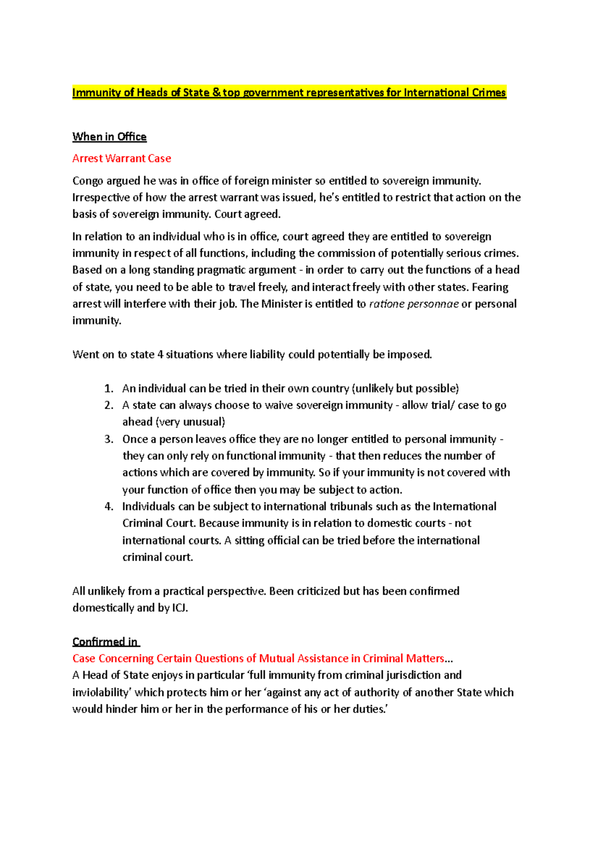 State Immunity between IL Immunity of Heads of State & top government