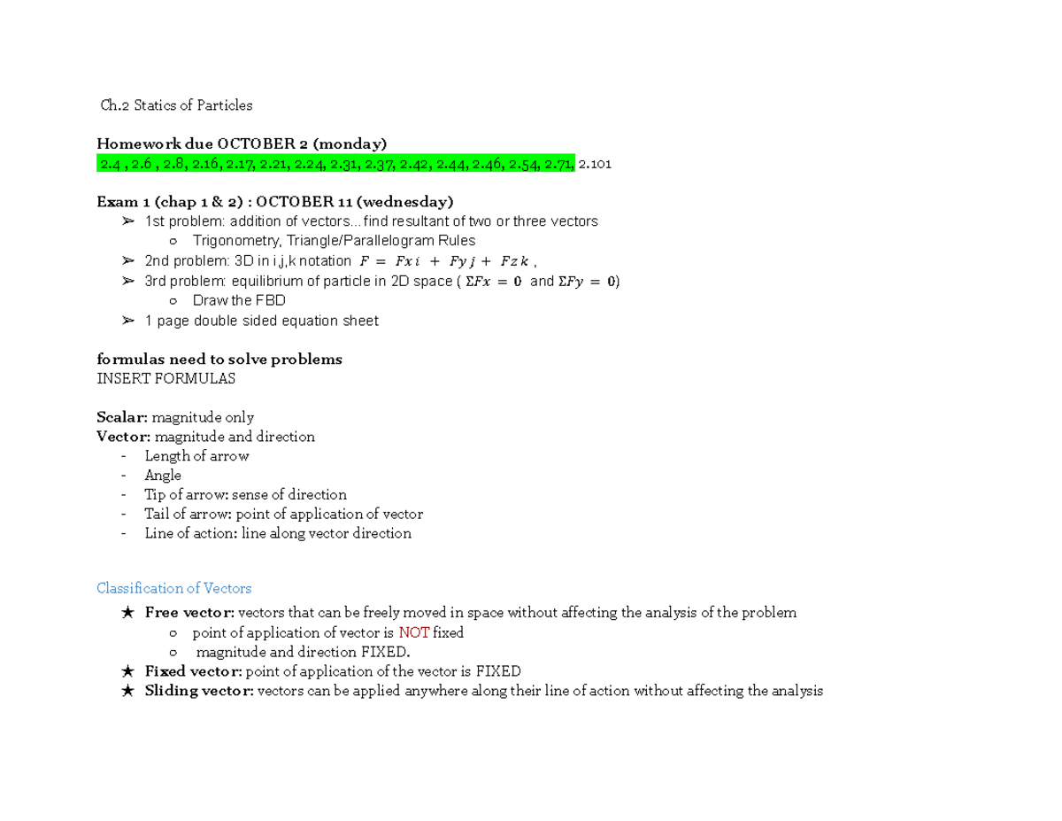 Ch.2 Statics of Particles - Ch Statics of Particles Homework due ...