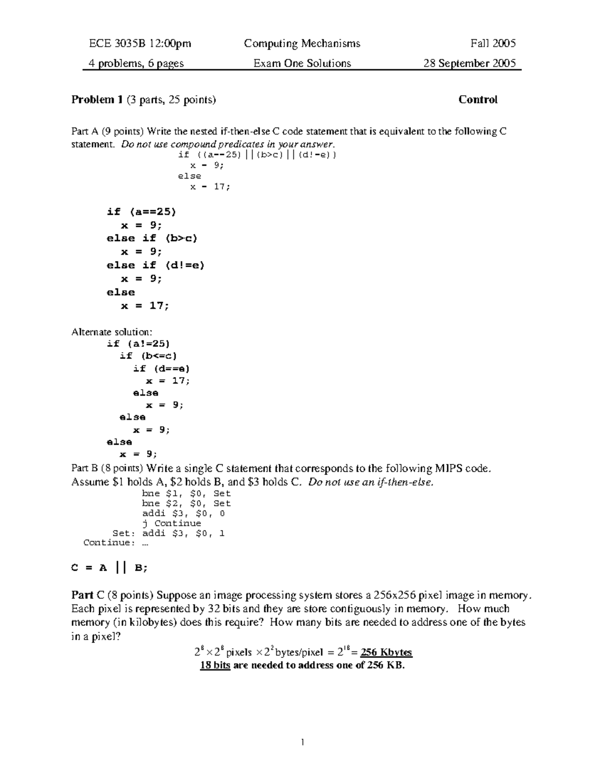 FA05 Exam 1 B Key - Exam Papers - 4 Problems, 6 Pages Exam One ...